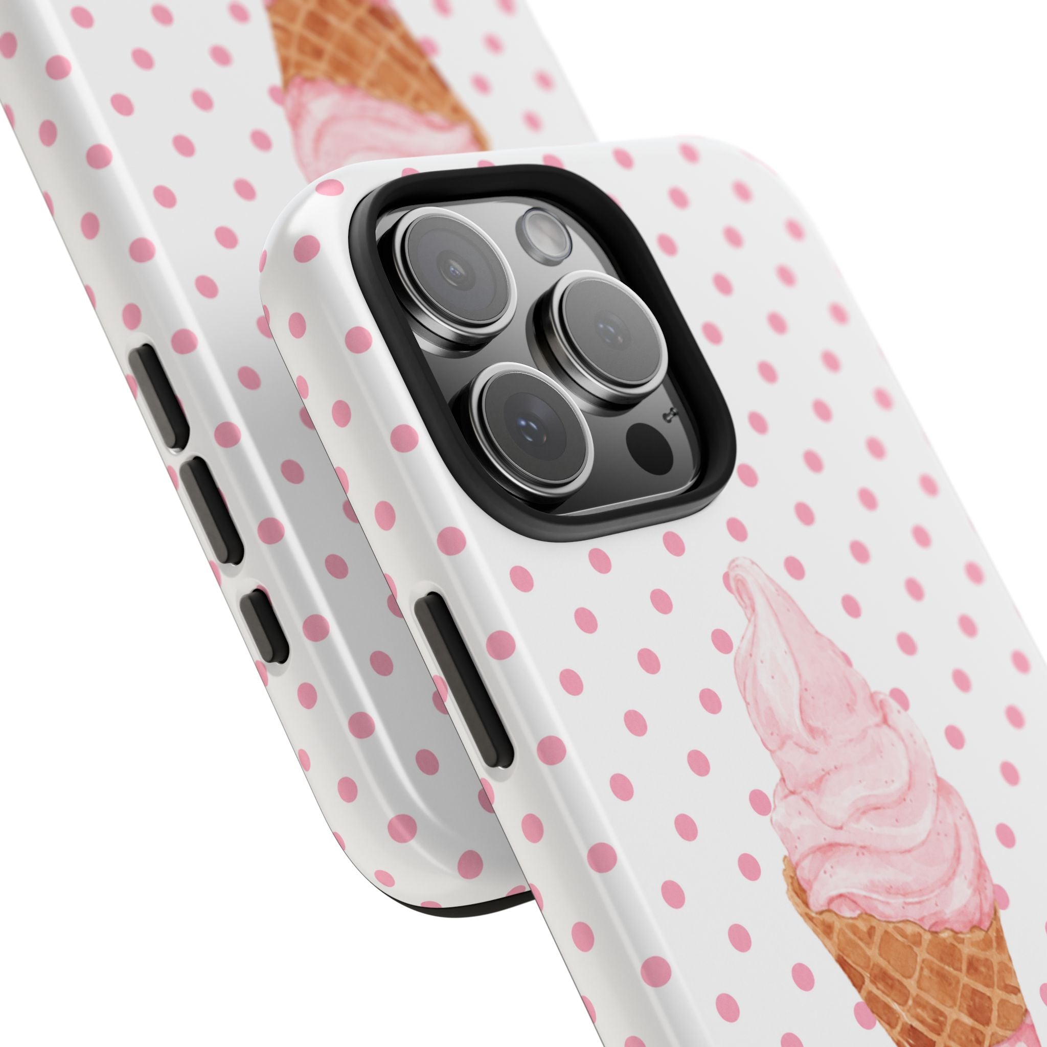 Phone case side view with pink polka dots and ice cream graphic near camera