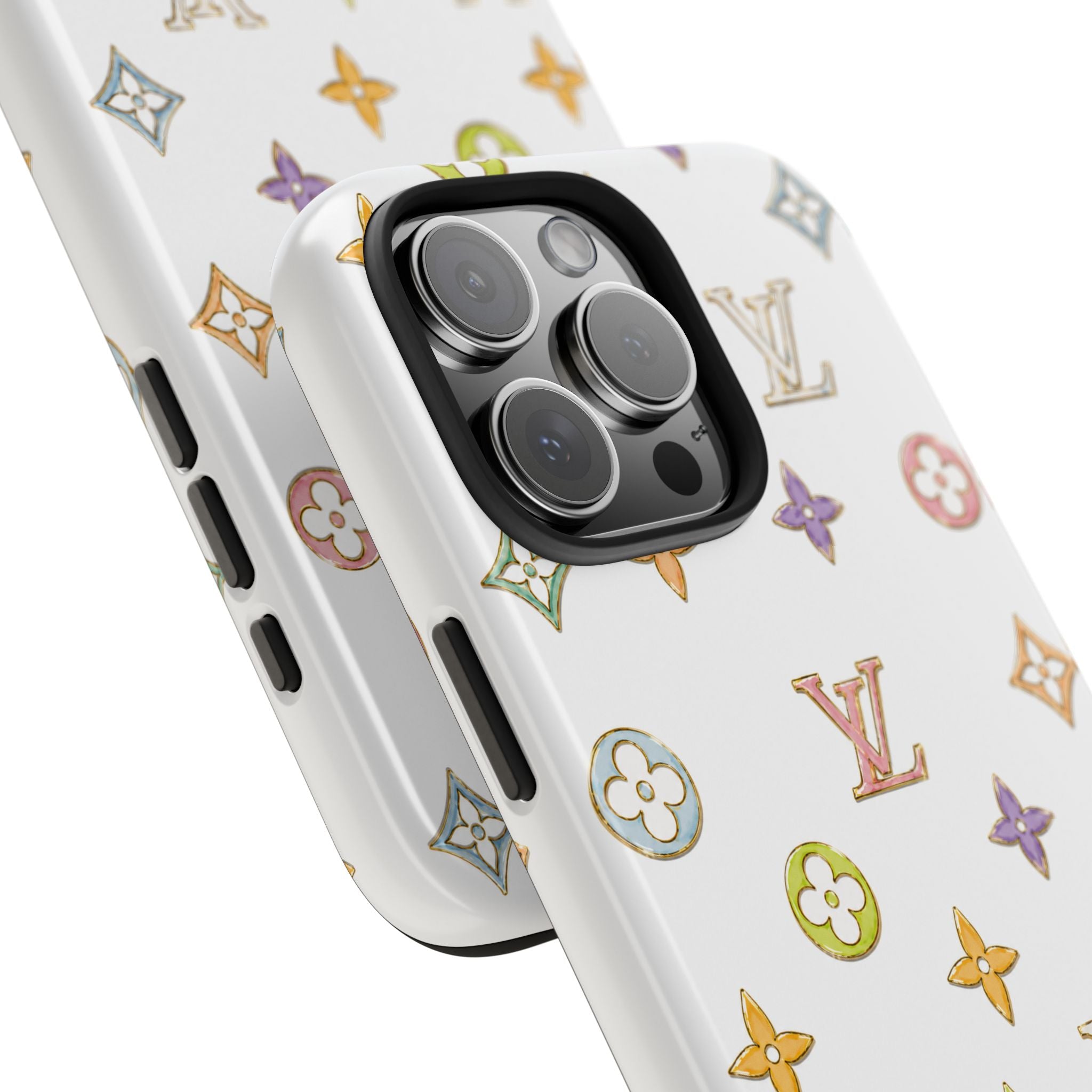 Phone case close-up with multicolored LV-style icons and triple camera cutout