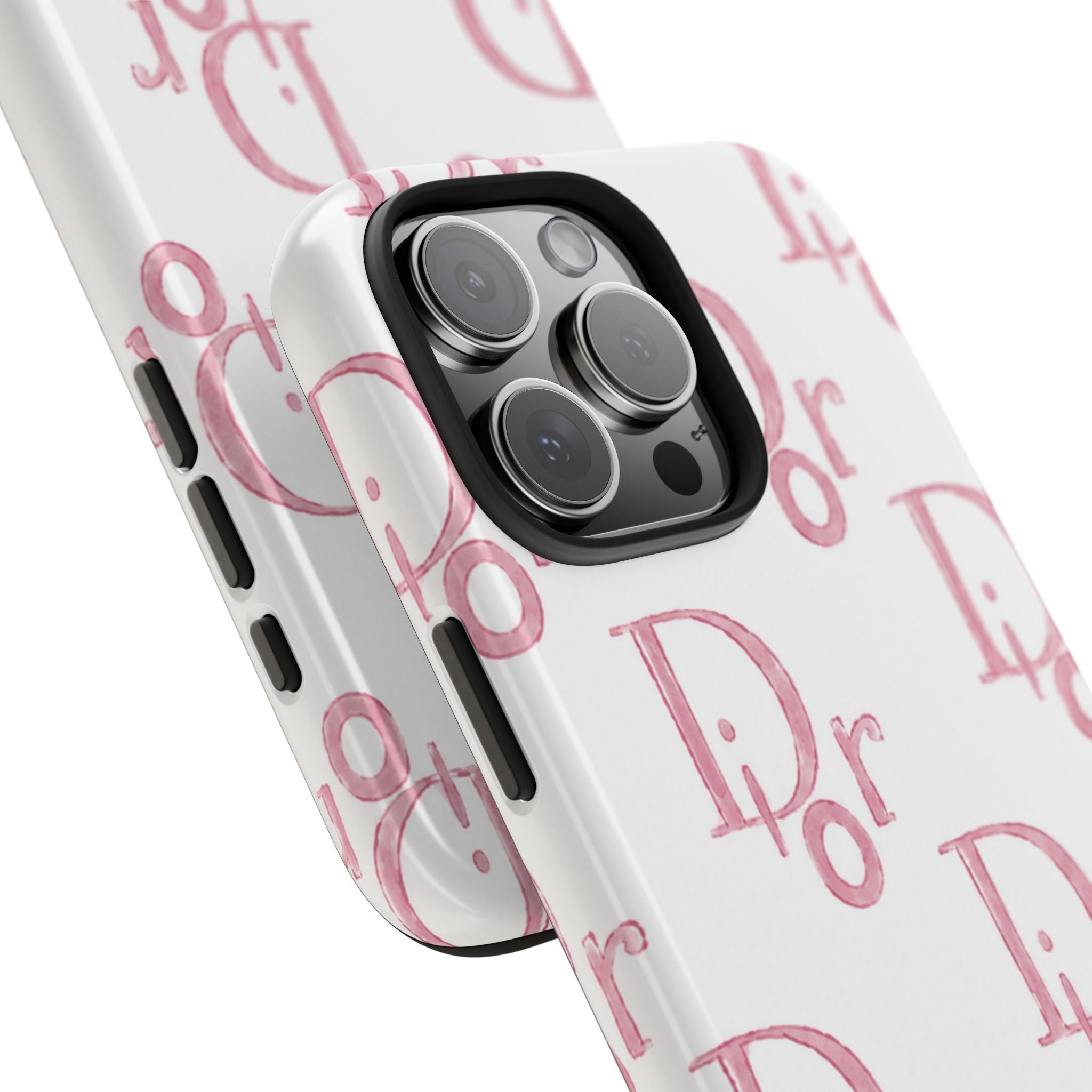 White phone case with pink illustrated Dior lettering pattern and raised camera lenses
