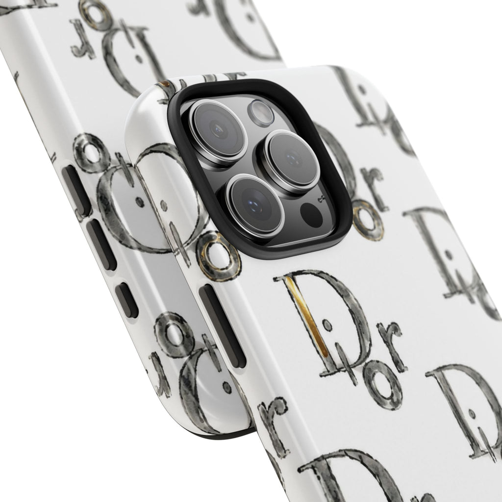 White phone case close-up with illustrated 'Dr' motifs and raised camera lenses