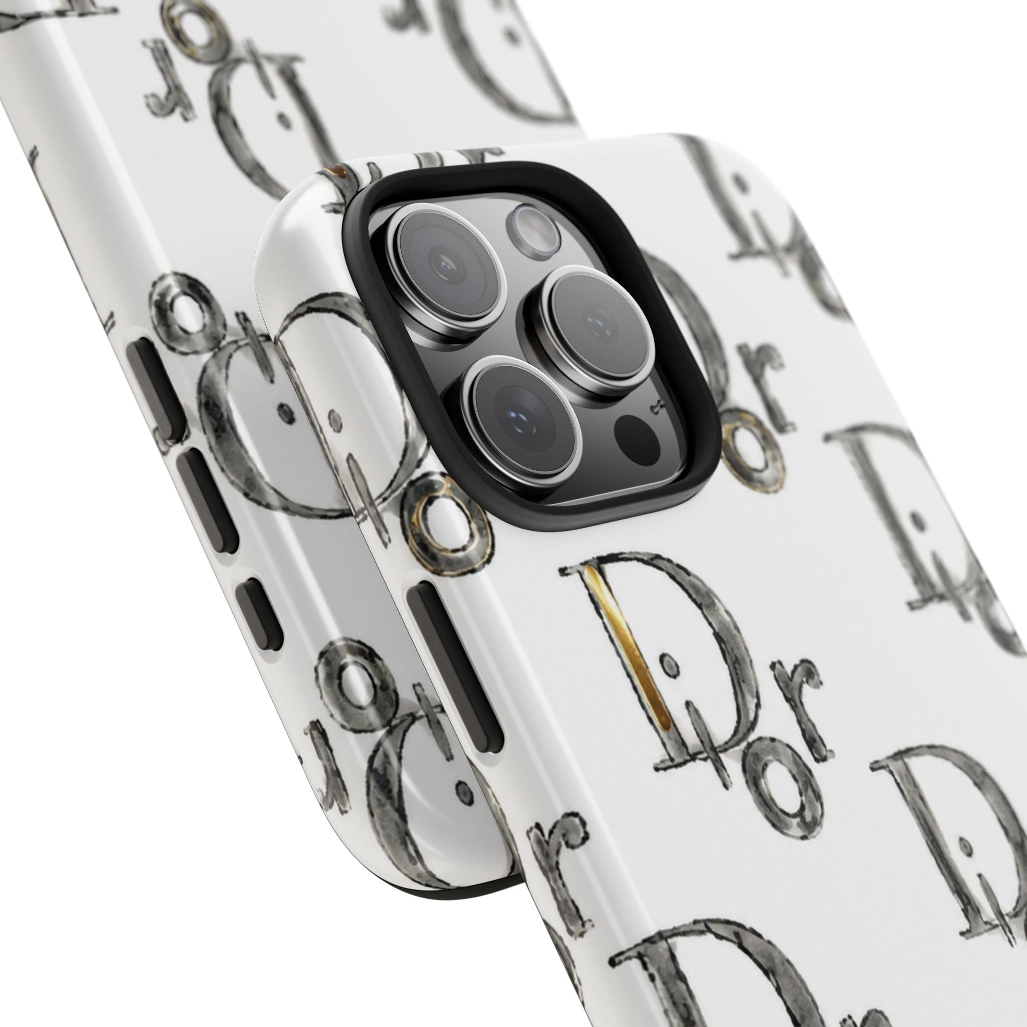 White phone case close-up with illustrated 'Dr' motifs and raised camera lenses
