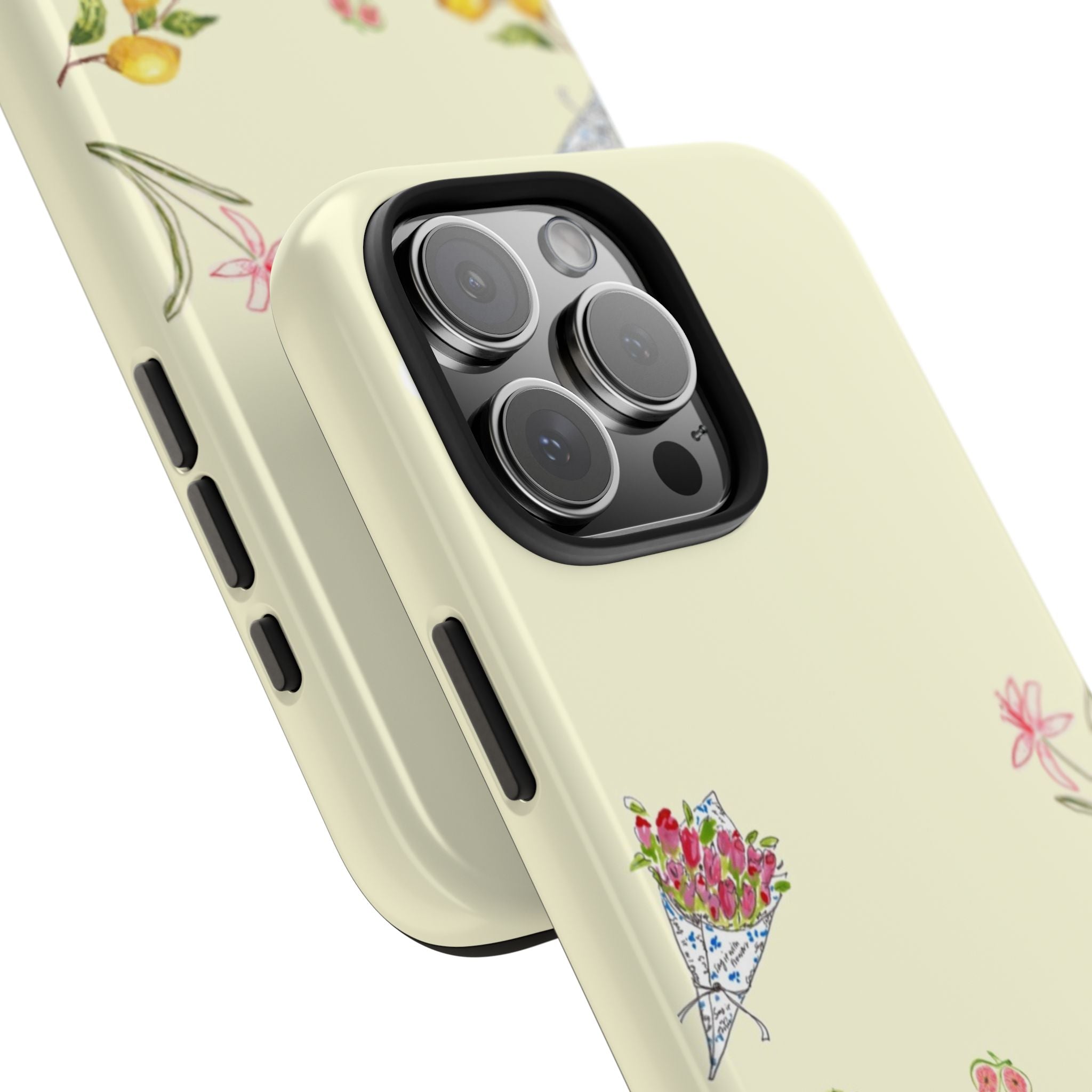 Light cream phone case close-up with floral print near camera lens cutout
