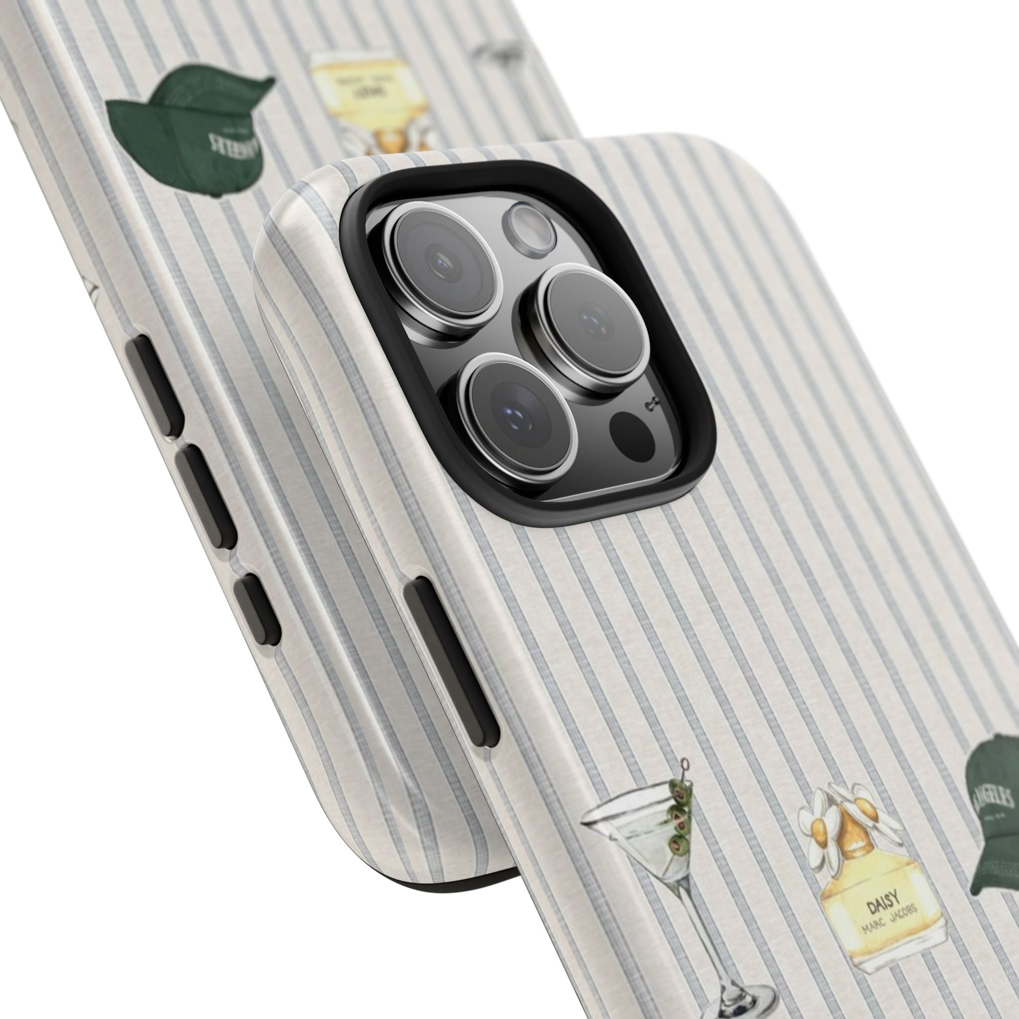 Striped phone case with martini and daisy art; angled view shows camera bump protection