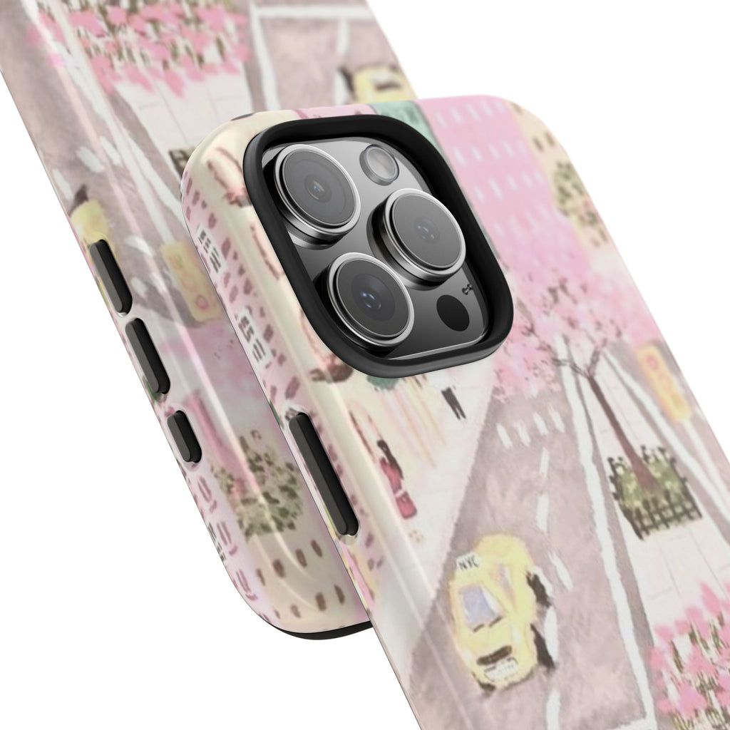 Printed phone case with pink city street illustration, side button openings