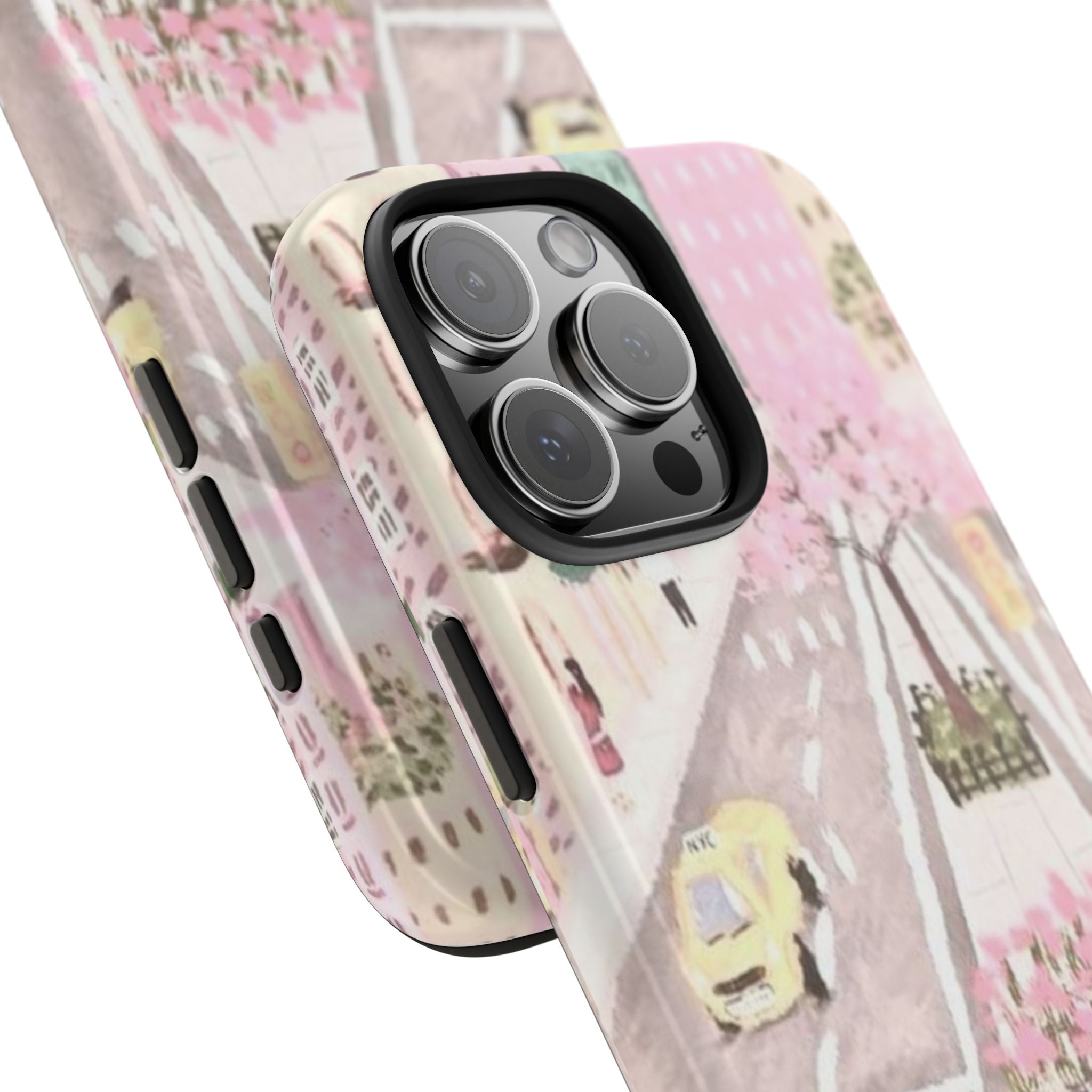 Printed phone case with pink city street illustration, side button openings