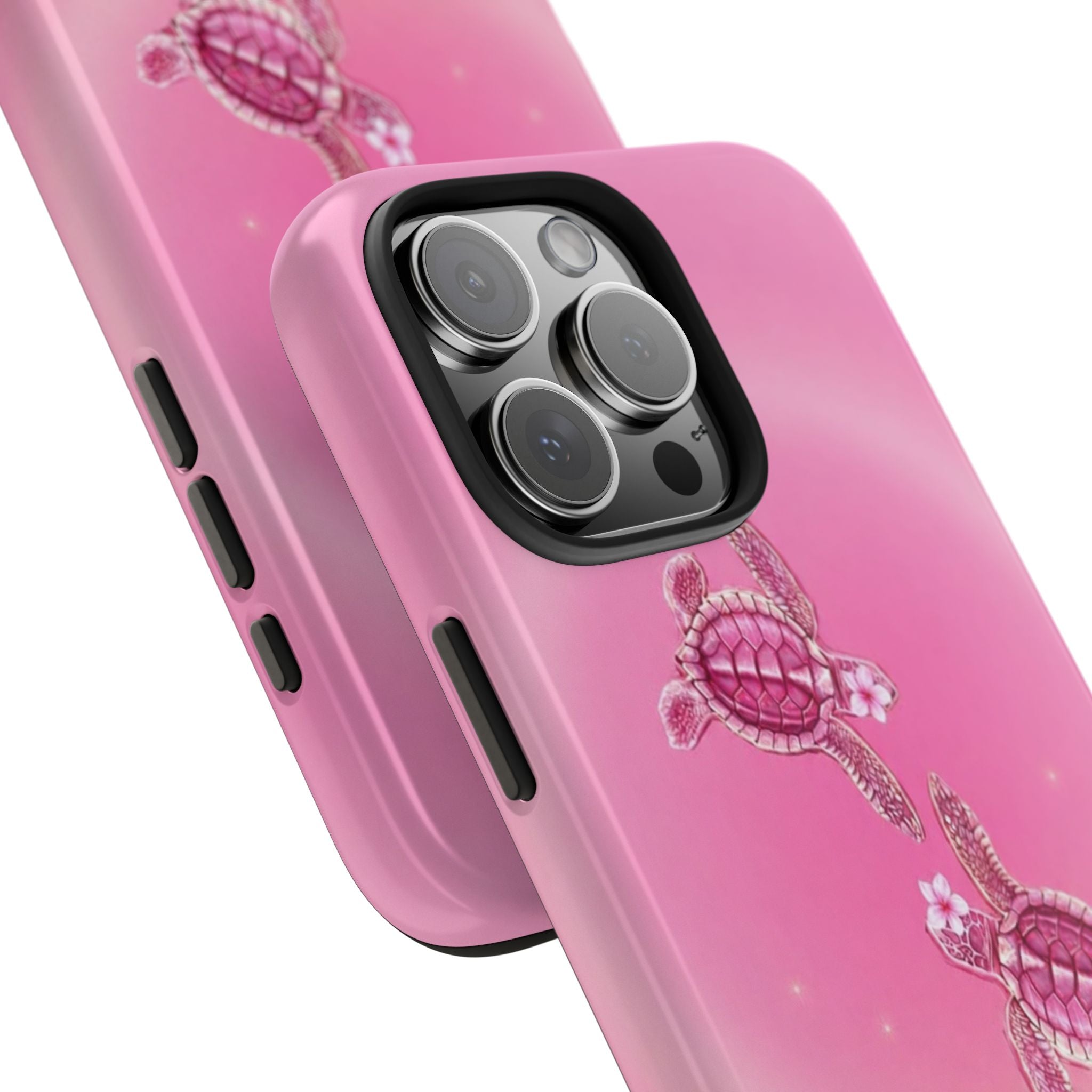 Pink phone case close-up with sea turtle design and camera cutout