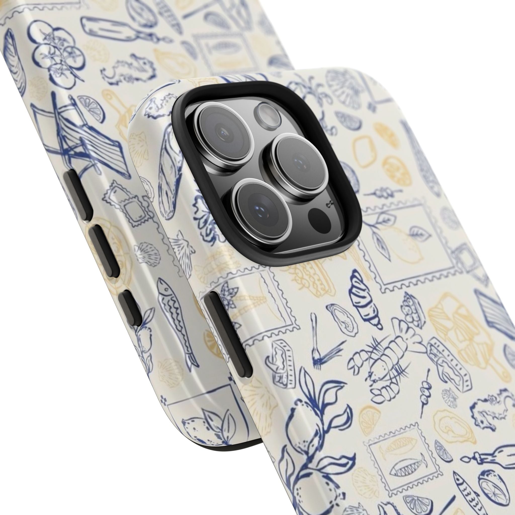 Greetings from Amalfi Coast phone case, side detail; raised camera lenses and button cutouts