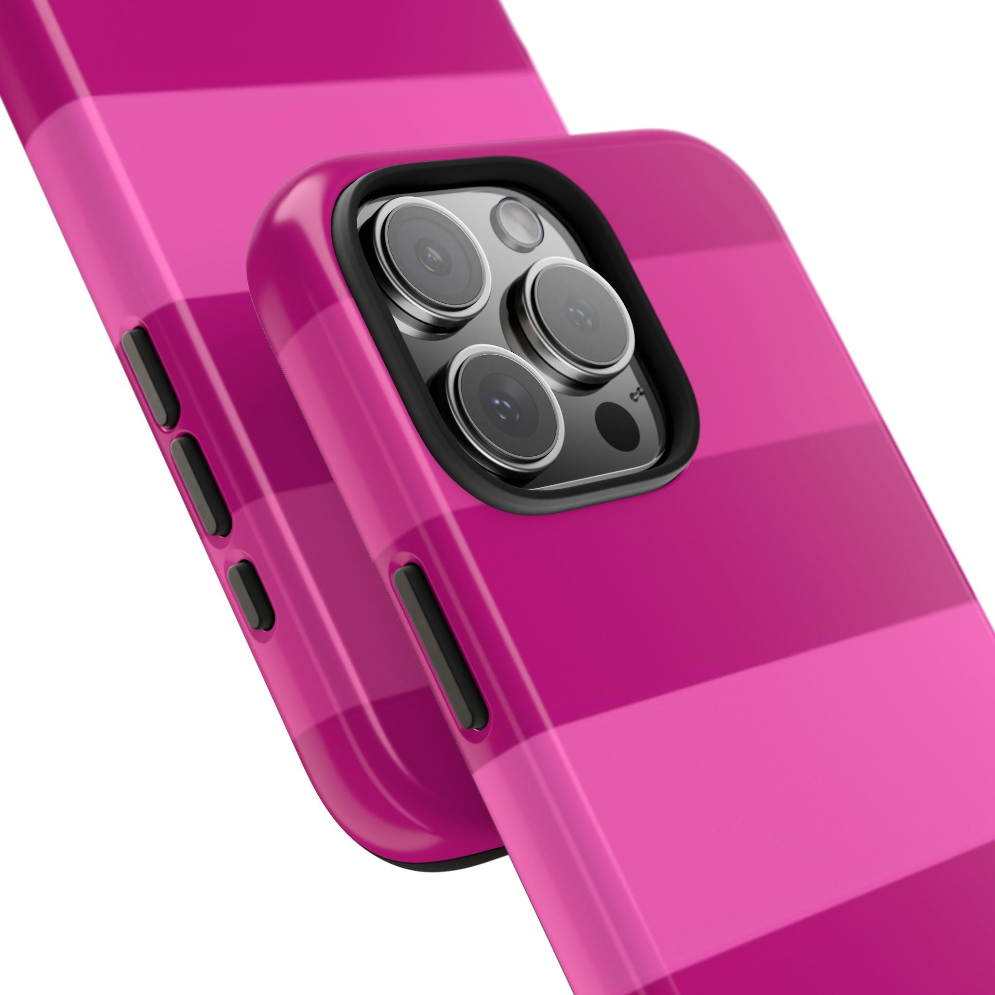Magenta and pink gradient phone case with camera lens openings and side cutouts
