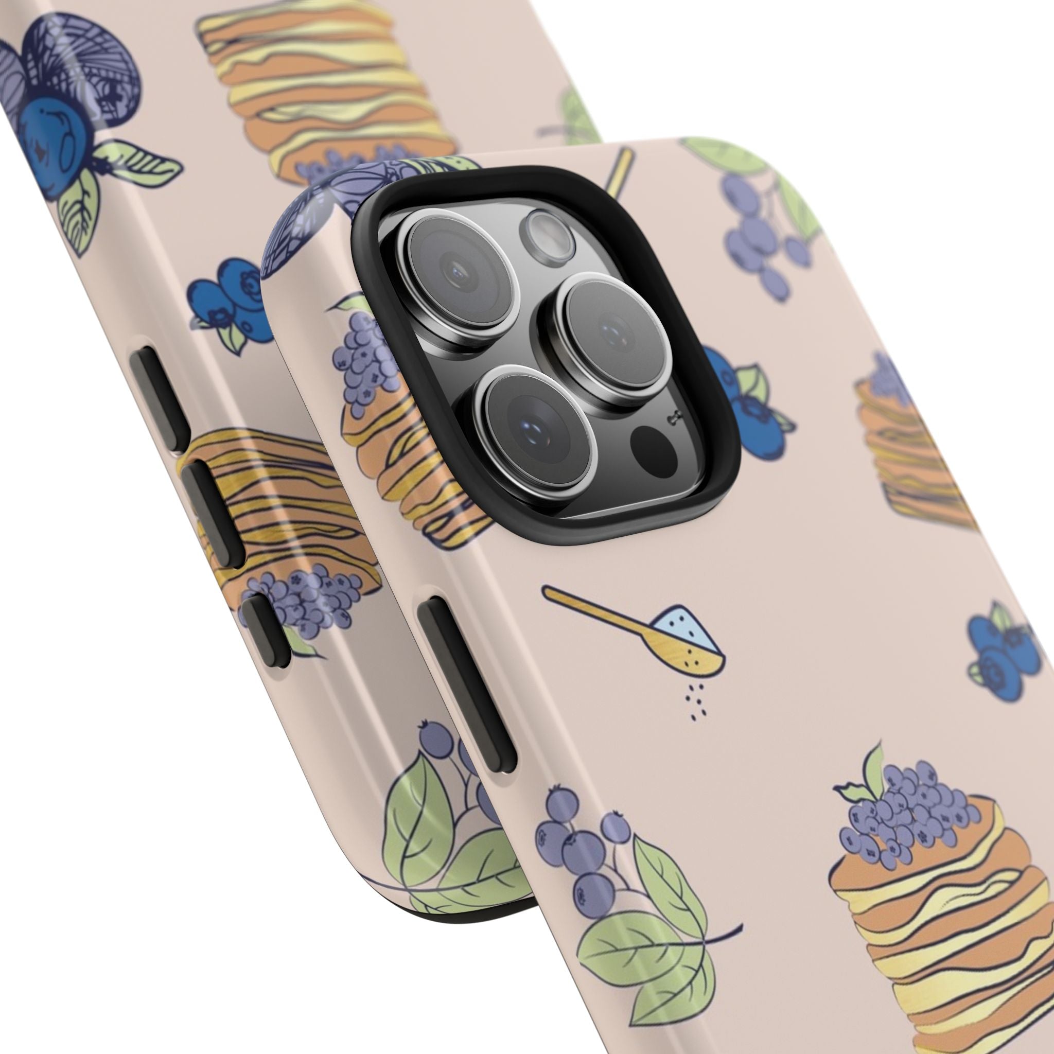 Phone case close-up: light pink berry pancake print with raised camera lens cutouts