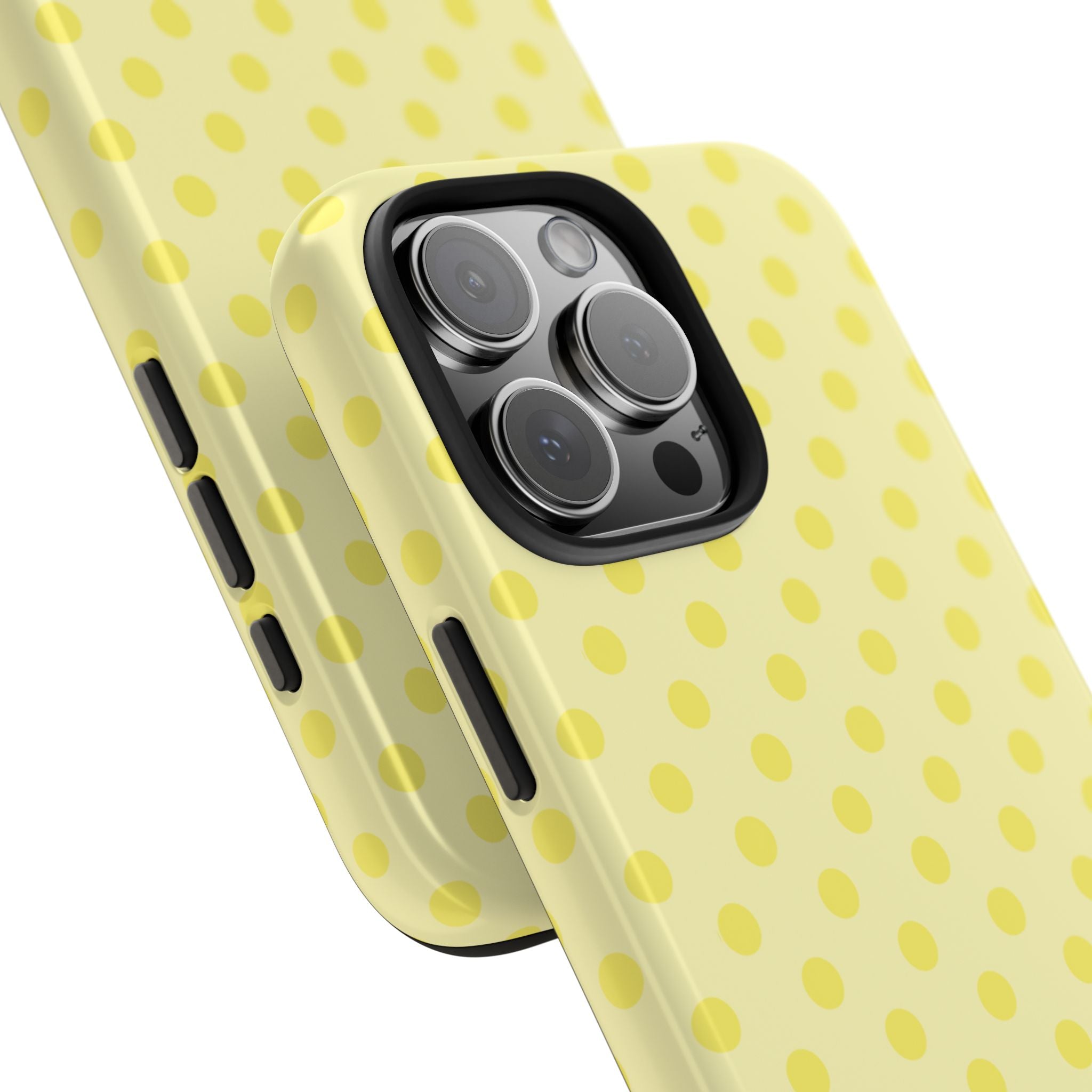 Butter yellow phone case with pale yellow polka dots, raised camera lenses and side buttons