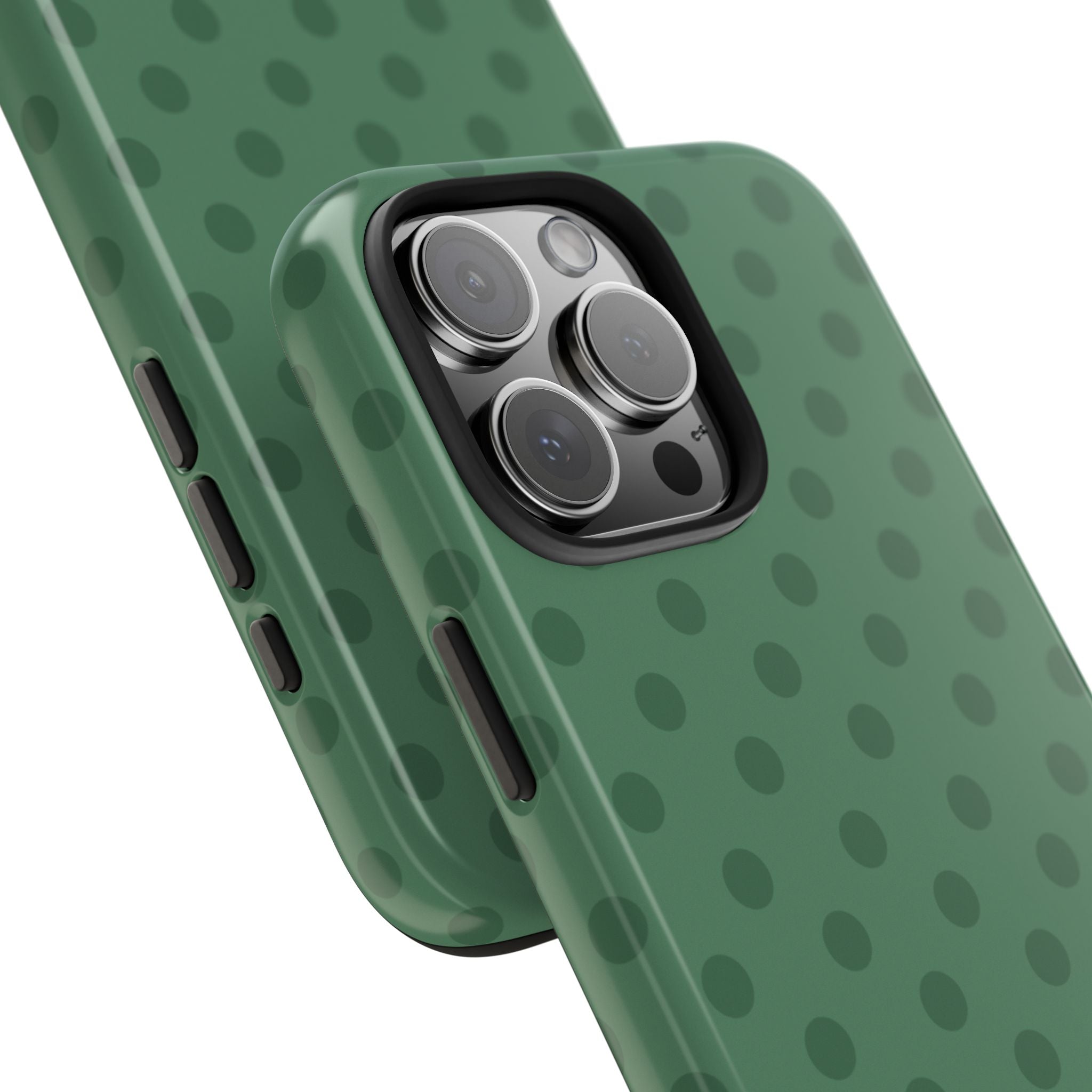 Green polka dot phone case detail, camera lenses framed with raised border