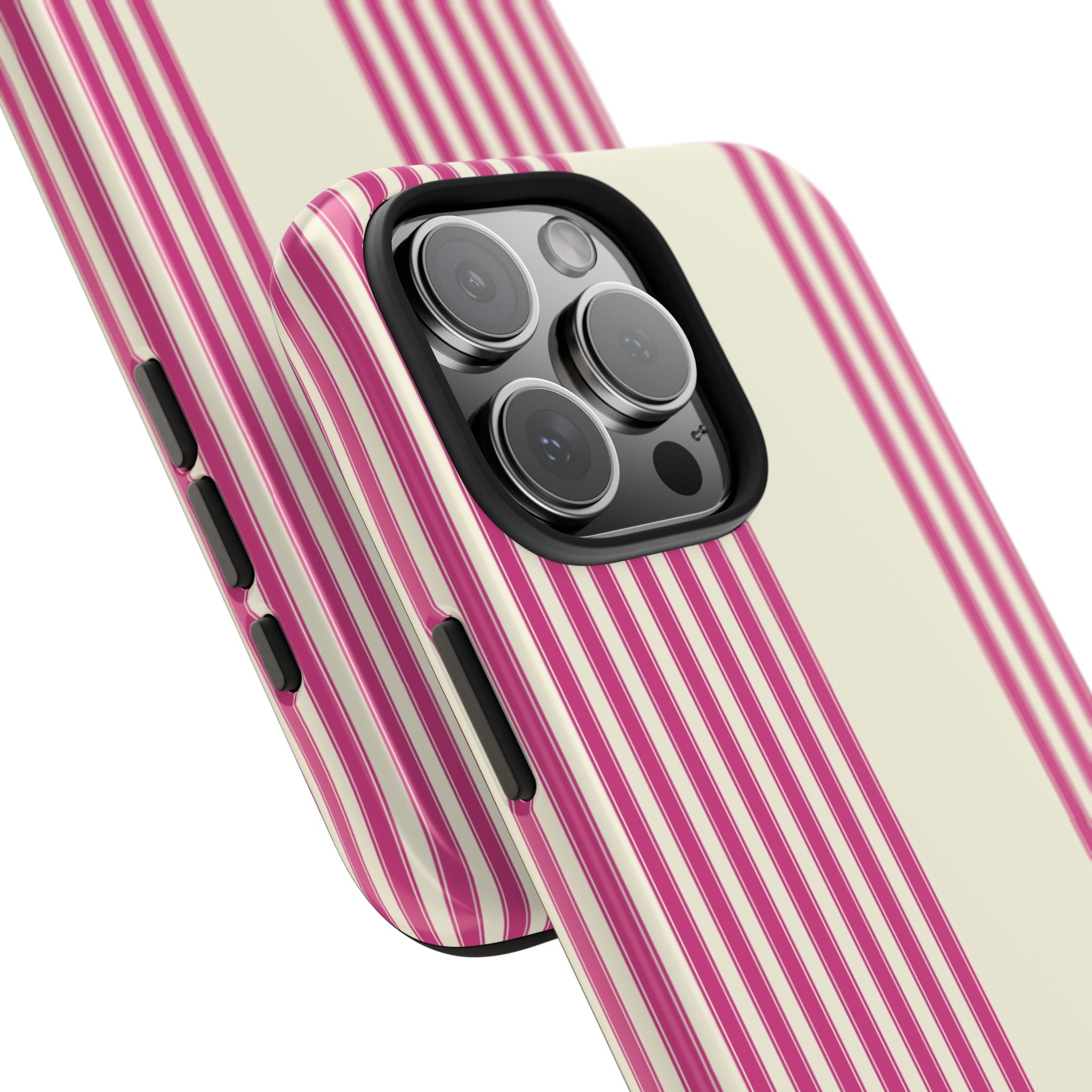 Cream and raspberry striped phone case close-up of camera lens shield and buttons