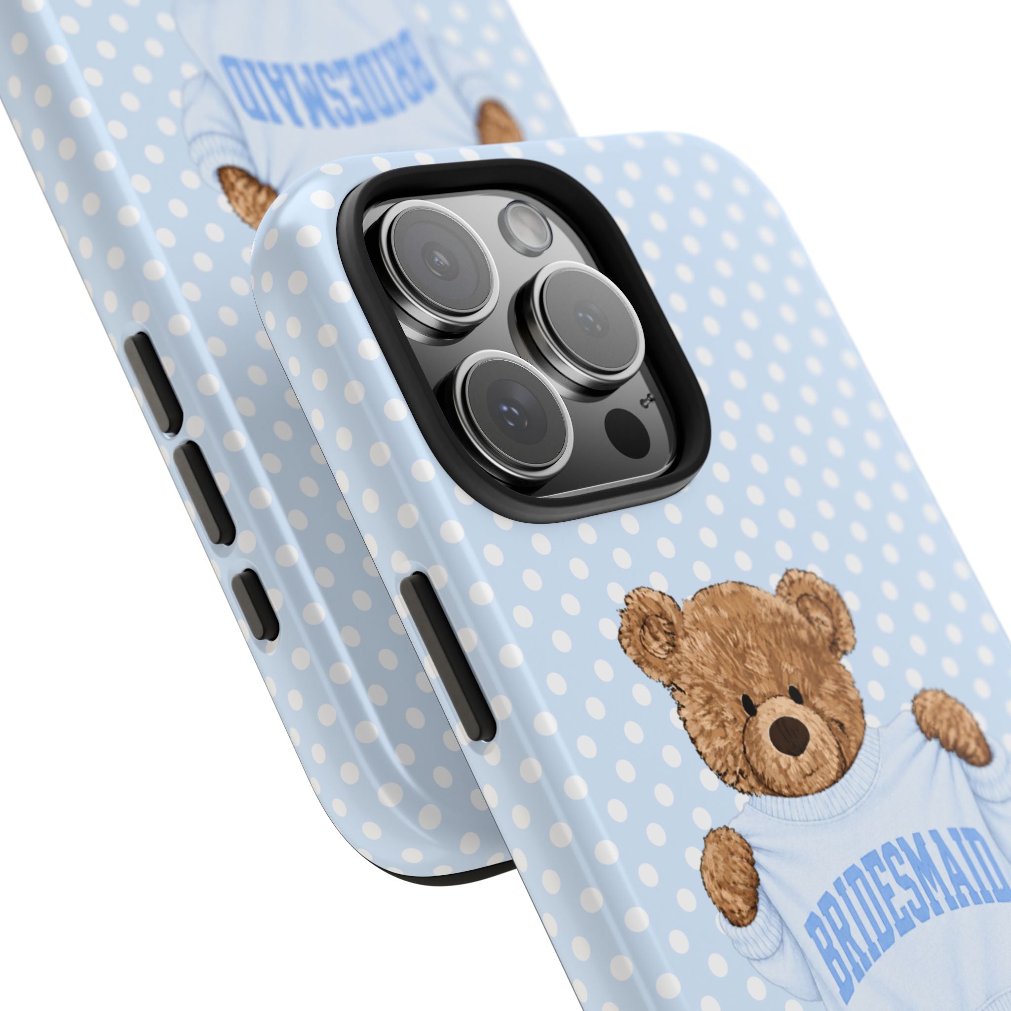 PERSONALIZED VARSITY SWEATER BLUE POLKA DOTS BRIDESMAID CUSTOM TEDDY BEAR NAME PHONE CASE