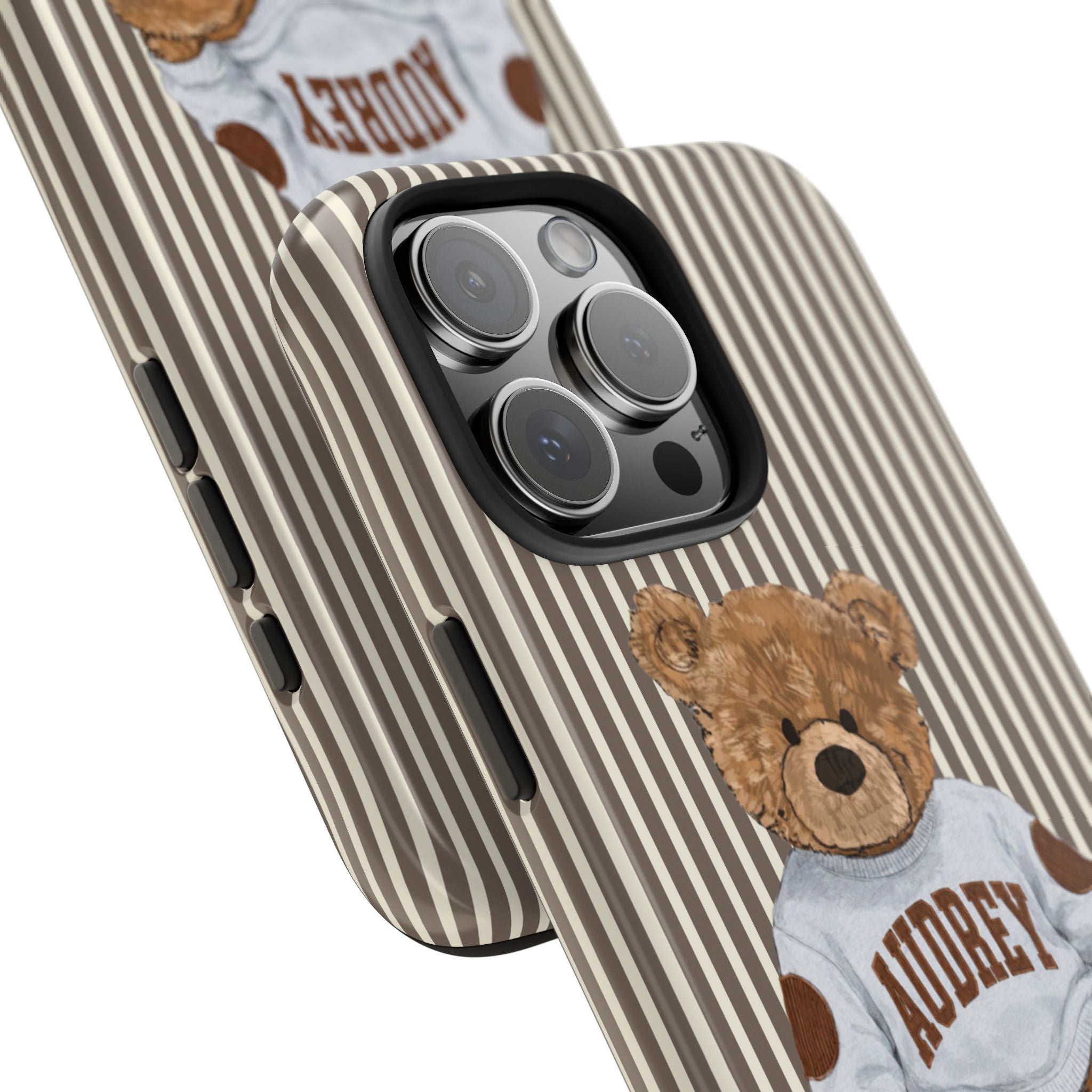 PERSONALIZED VARSITY SWEATER BROWN STRIPES CUSTOM TEDDY BEAR NAME PHONE CASE
