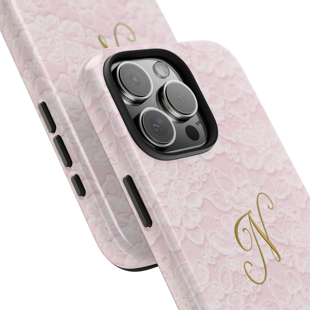 PERSONALIZED PINK LACE GOLD INITIAL LETTER CUSTOM NAME PHONE CASE