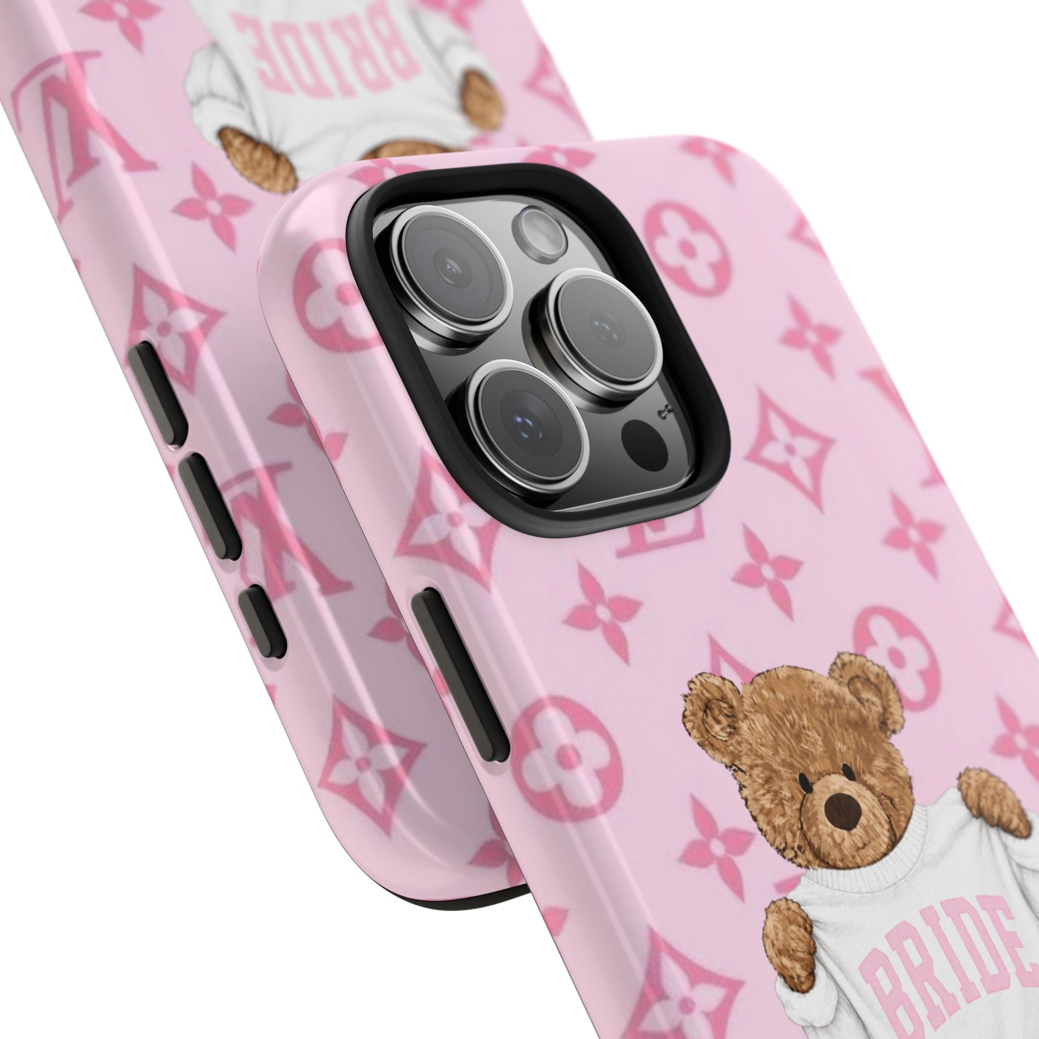 Pink phone case close view: LV pattern with teddy 'BRIDE' and camera cutouts