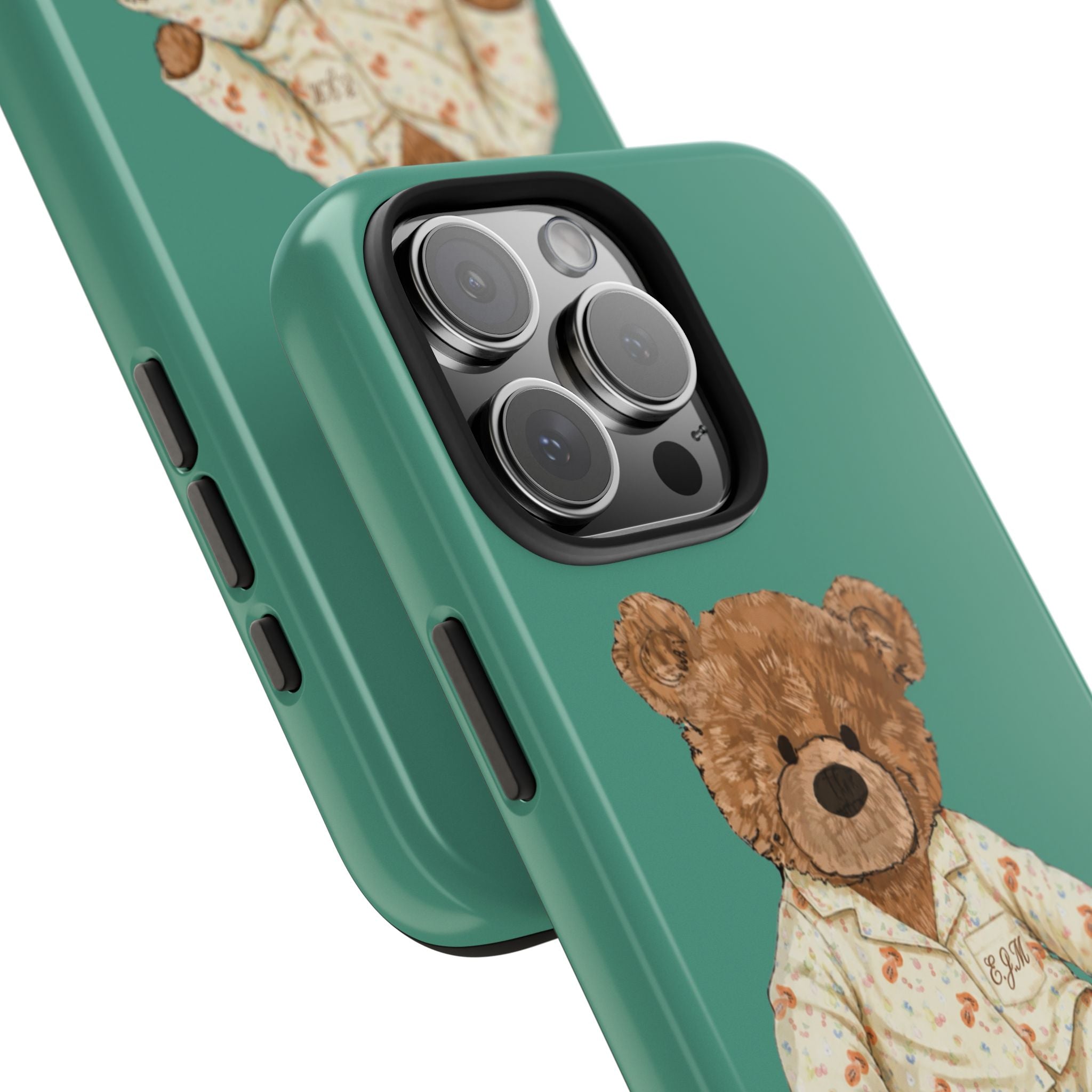 Teal phone case with teddy bear artwork near camera cutout