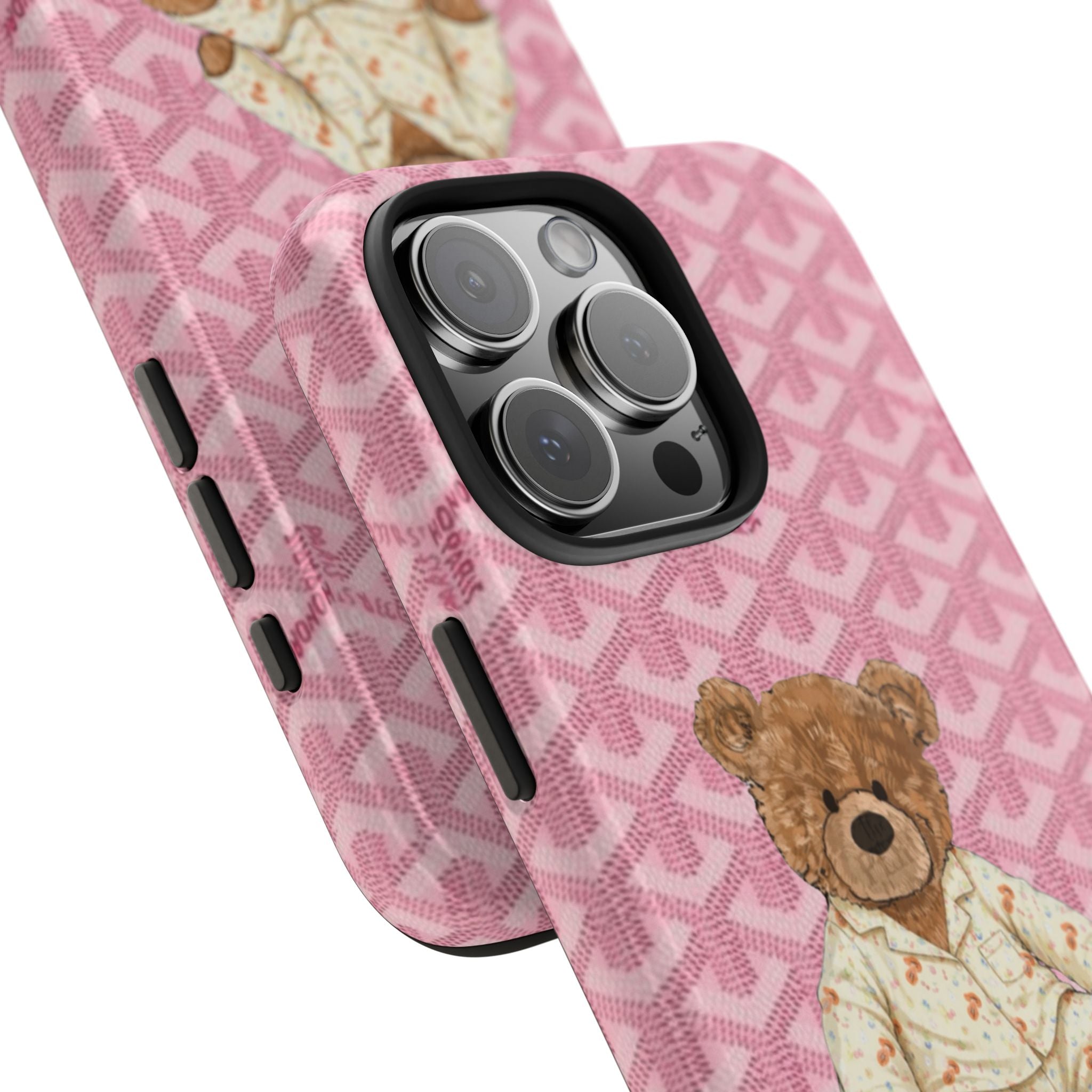 Pink phone case with teddy bear near bottom and camera lens cutout details