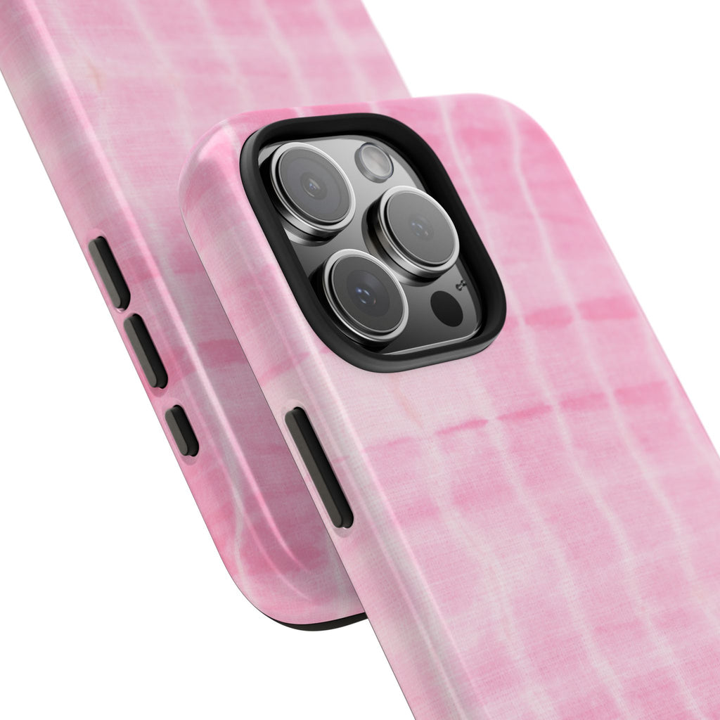 Pink shibori tie-dye phone case showing camera lenses and side button cutouts
