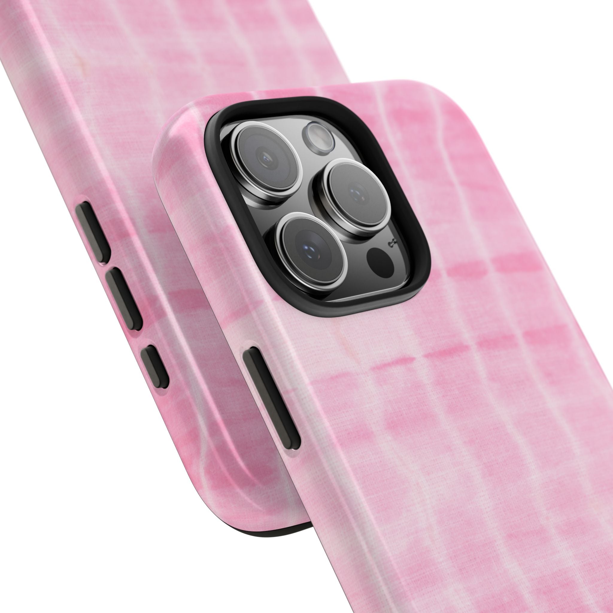 Pink shibori tie-dye phone case showing camera lenses and side button cutouts