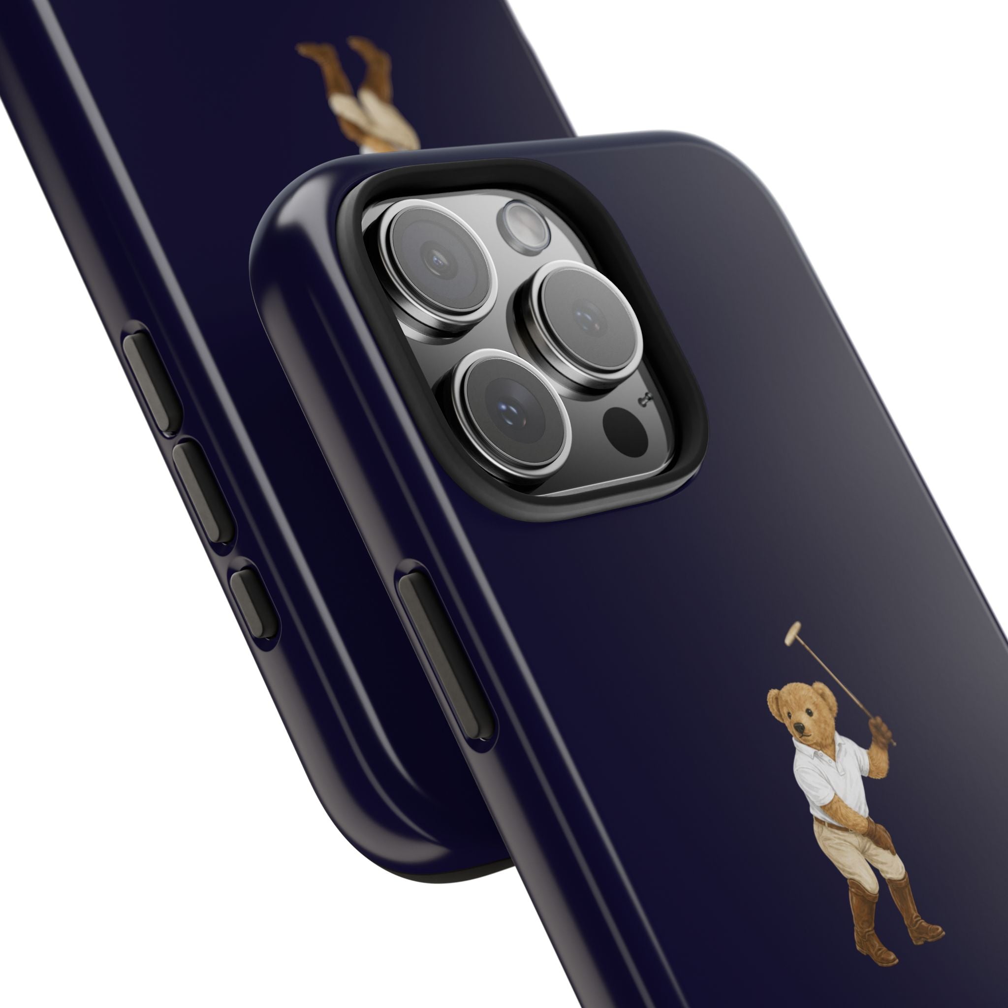Beaumont navy blue teddy bear phone case close-up, bear artwork by camera and side buttons