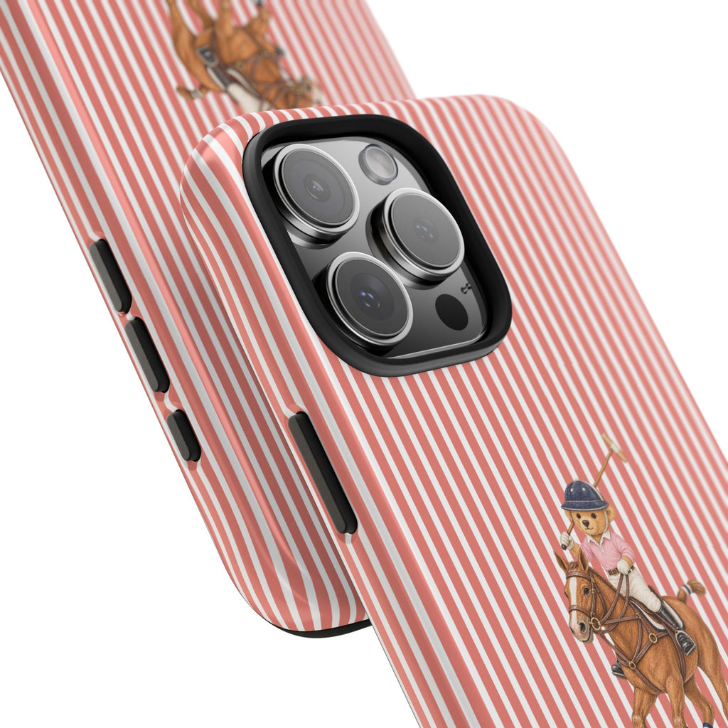 Red striped phone case with cowboy teddy bear, camera lens cover and side buttons