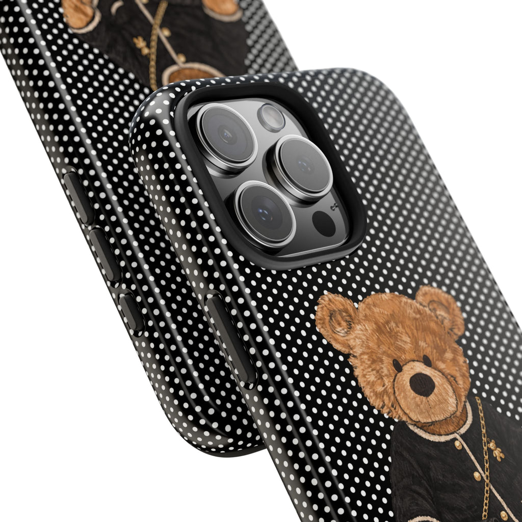 Black polka dot phone case angled view, teddy bear detail, raised lens camera covers