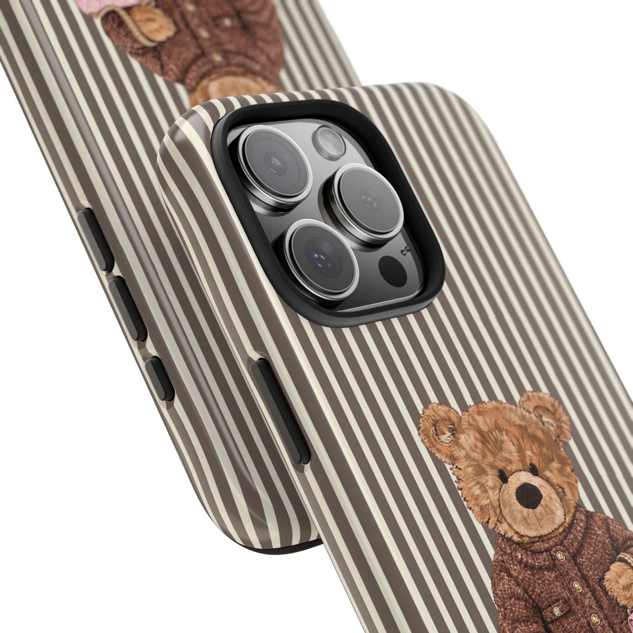Striped phone case close-up with vertical brown-and-cream stripes and teddy near the bottom edge