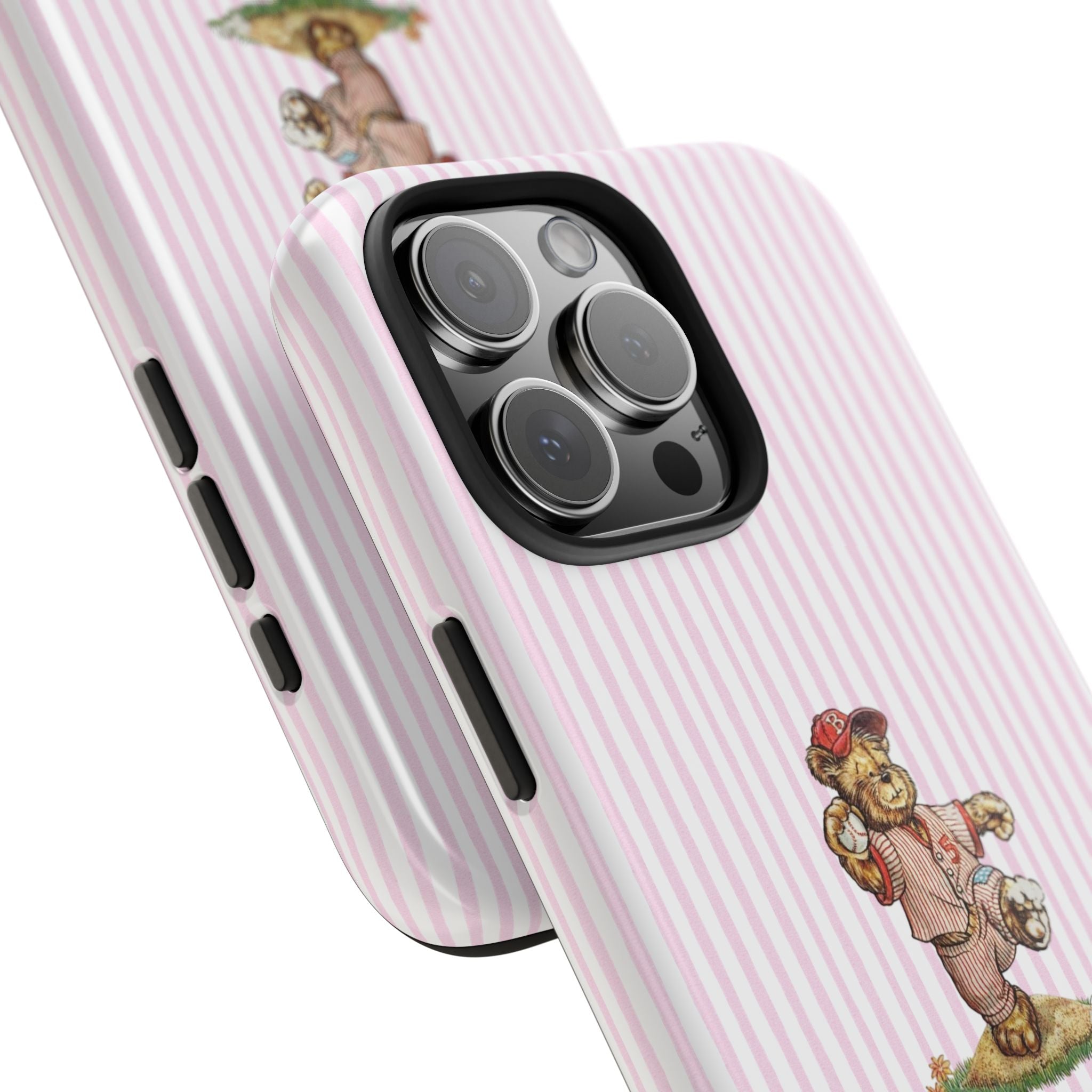 Pink striped phone case angled view with teddy bear baseball graphic