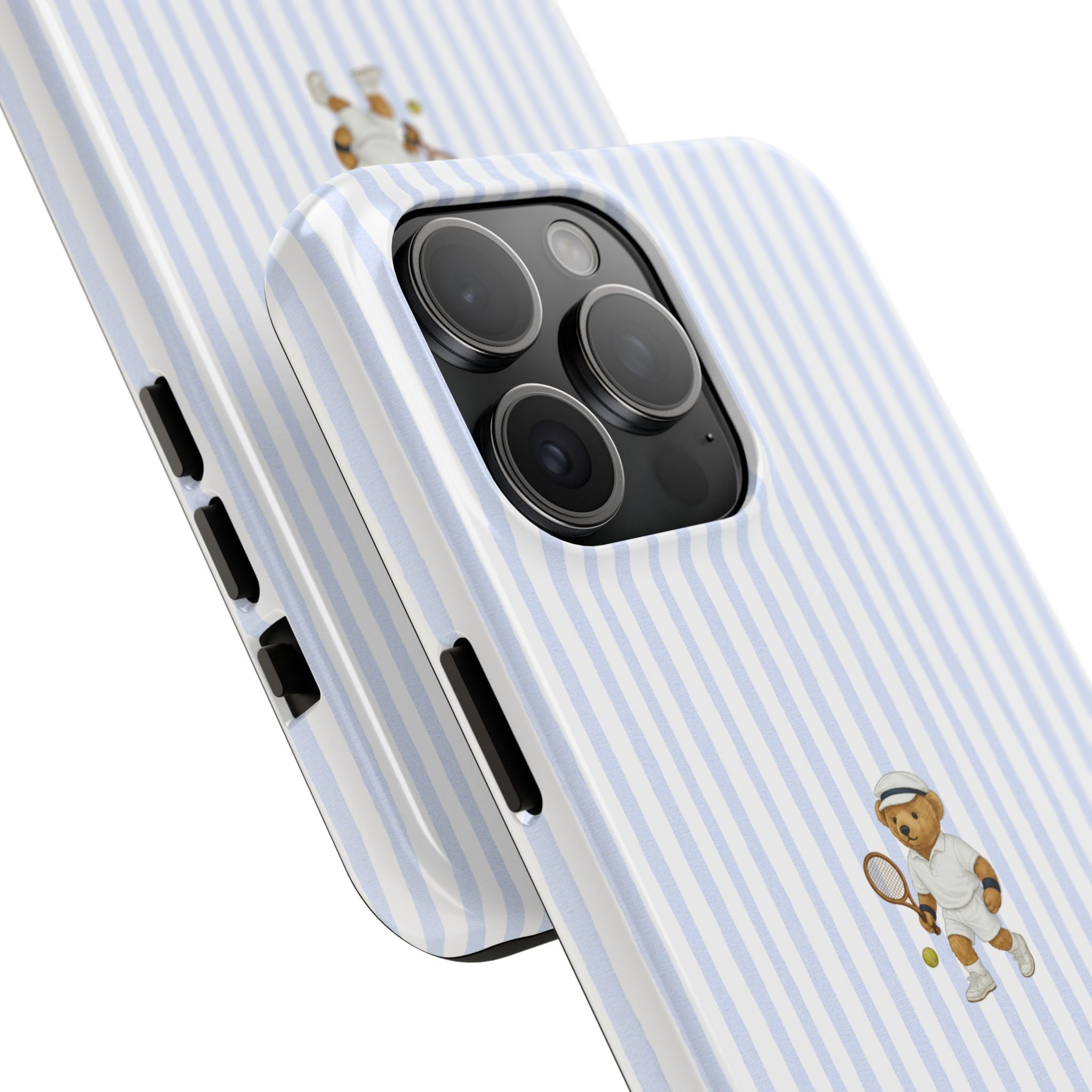 Blue-and-white striped teddy tennis phone case, angled view with side button cutouts