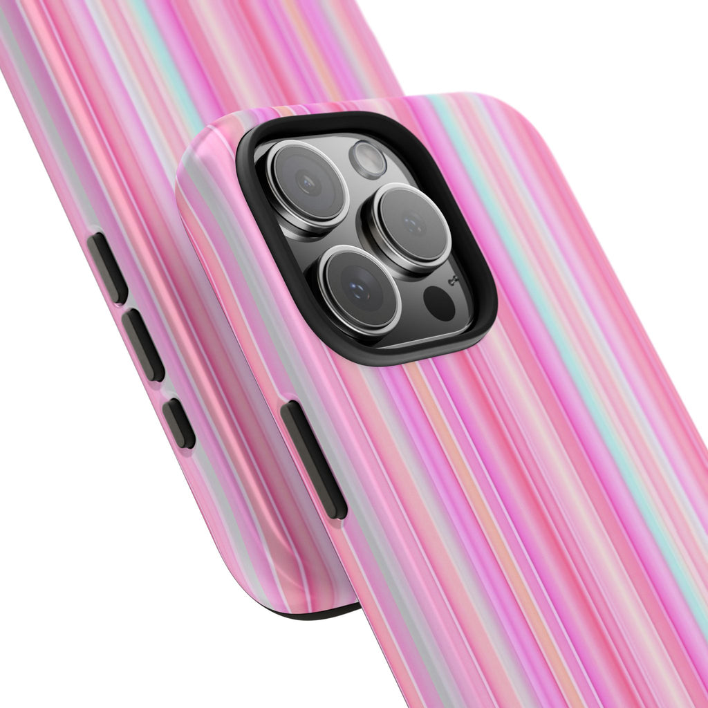 Pink vertical stripe phone case angled view, raised camera lenses visible.