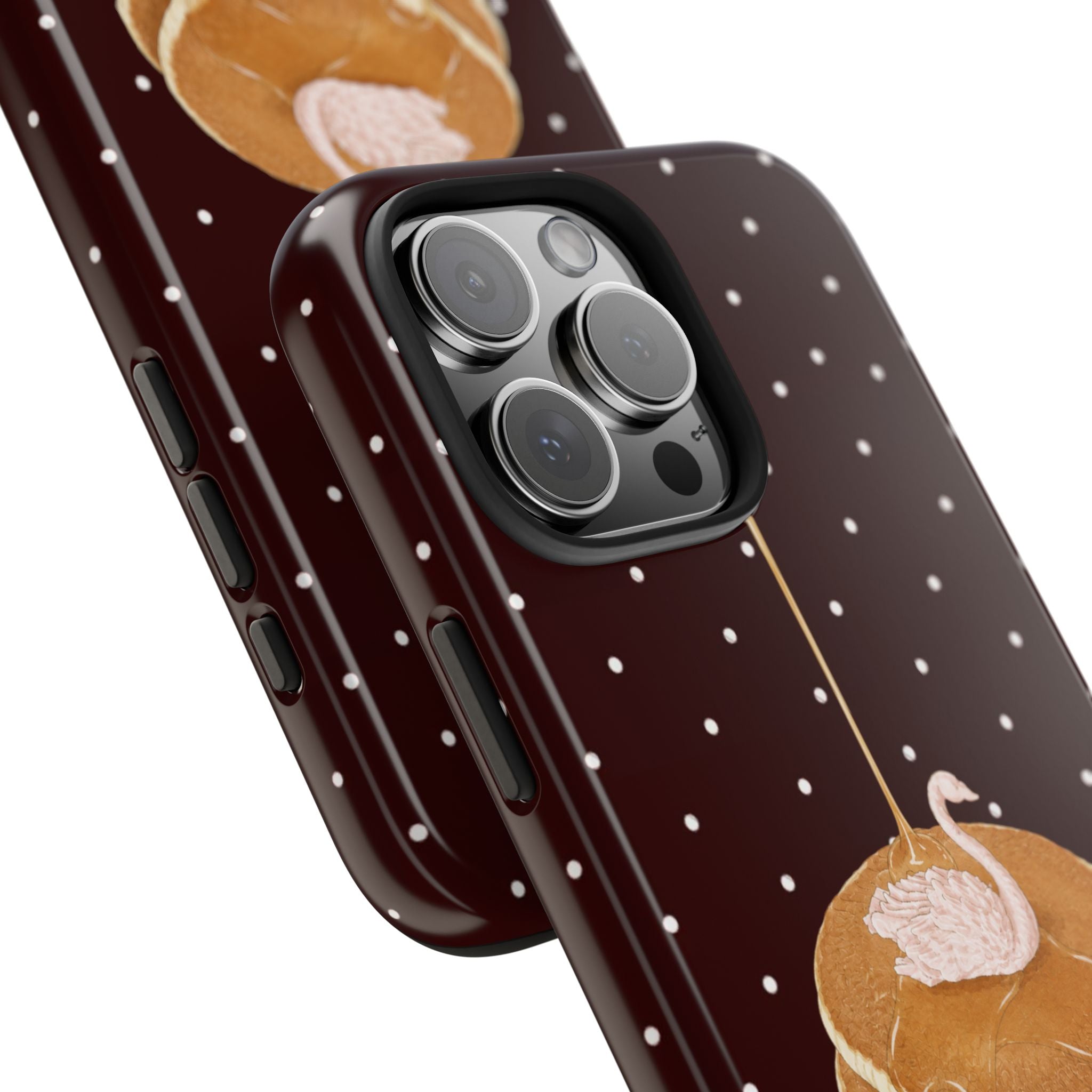 Maroon pancake stack phone case with swan topper; camera cutouts and side buttons