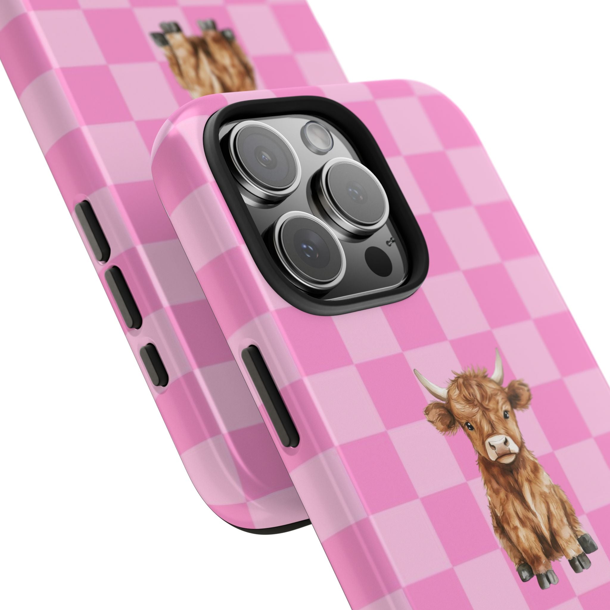 Pink checkered phone case with Highland cow graphic and visible side button openings