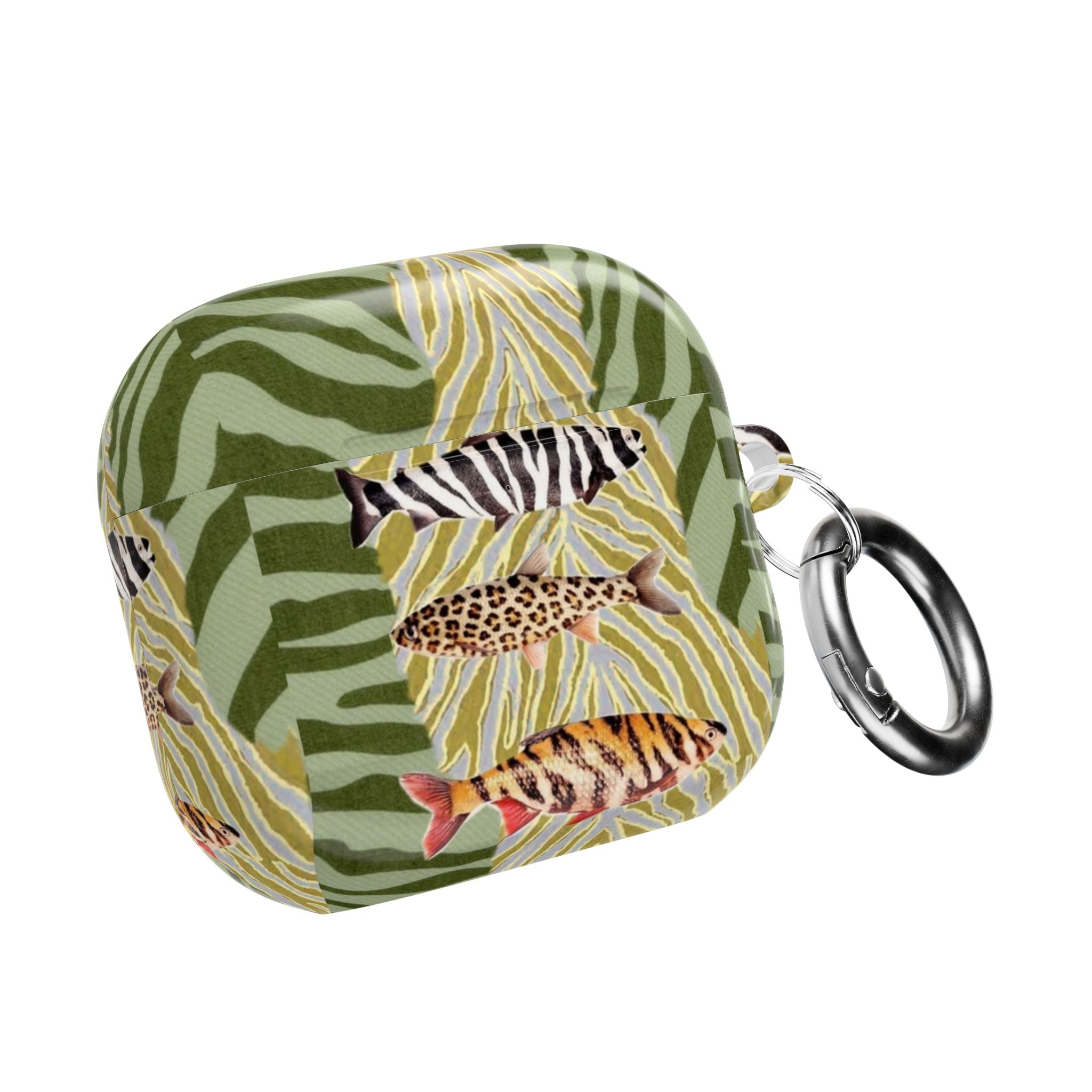 AirPods case with jungle animal print in green and yellow, keychain ring attached