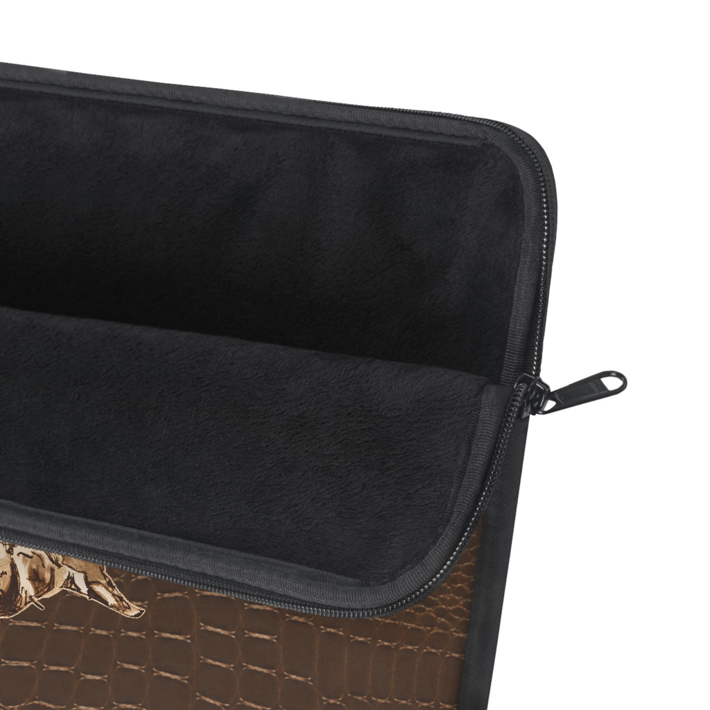Brown croc western sleeve with black interior lining and metal zipper on side