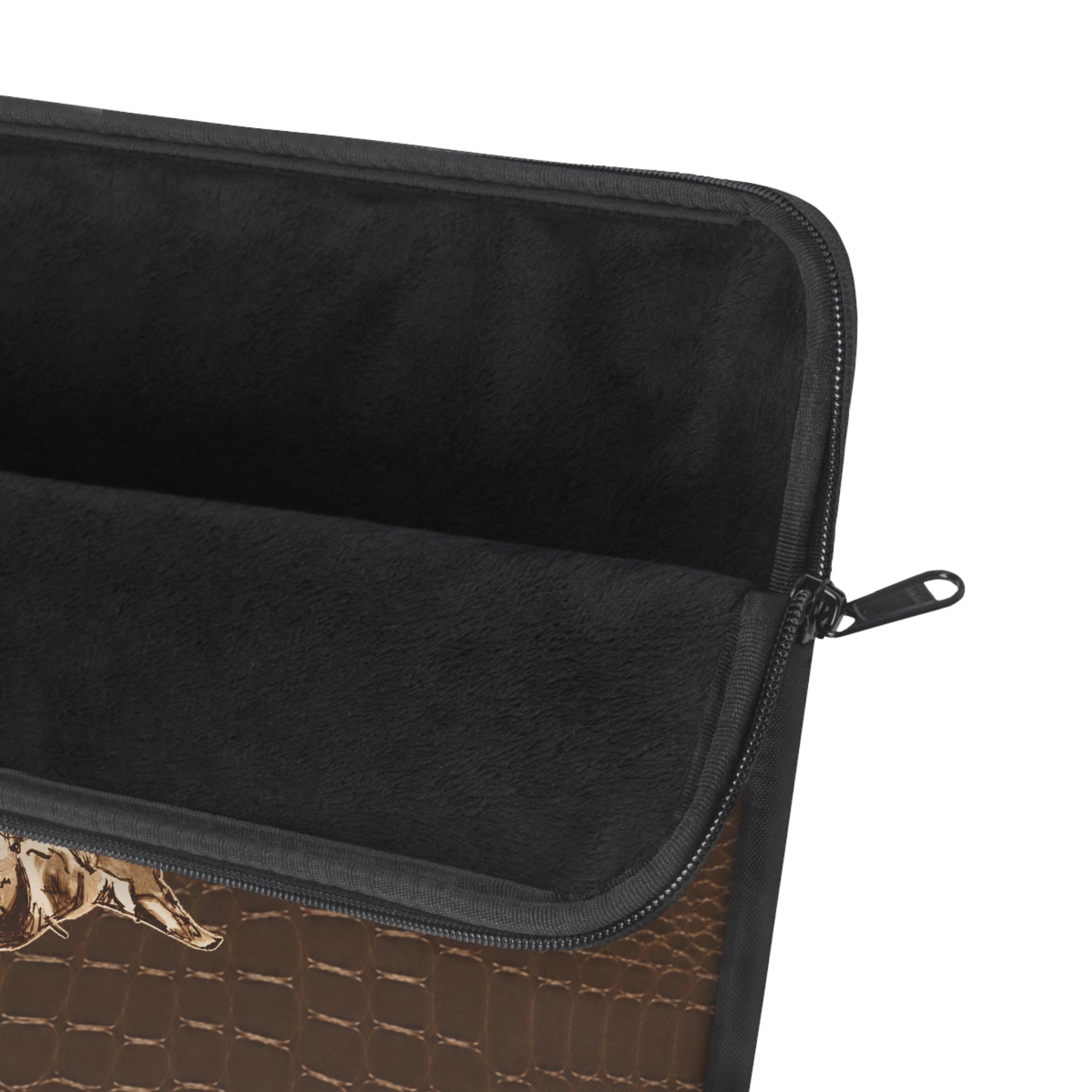 Brown croc western sleeve with black interior lining and metal zipper on side