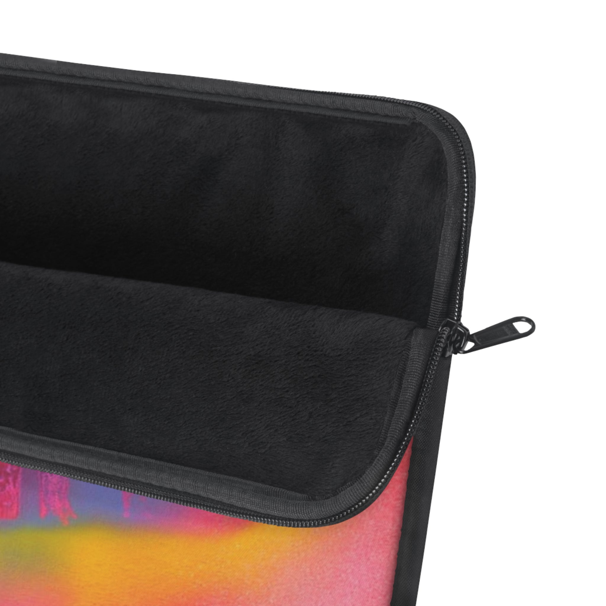 MIRAGE GLOW sleeve close-up: black fabric panel with zipper and colorful edge