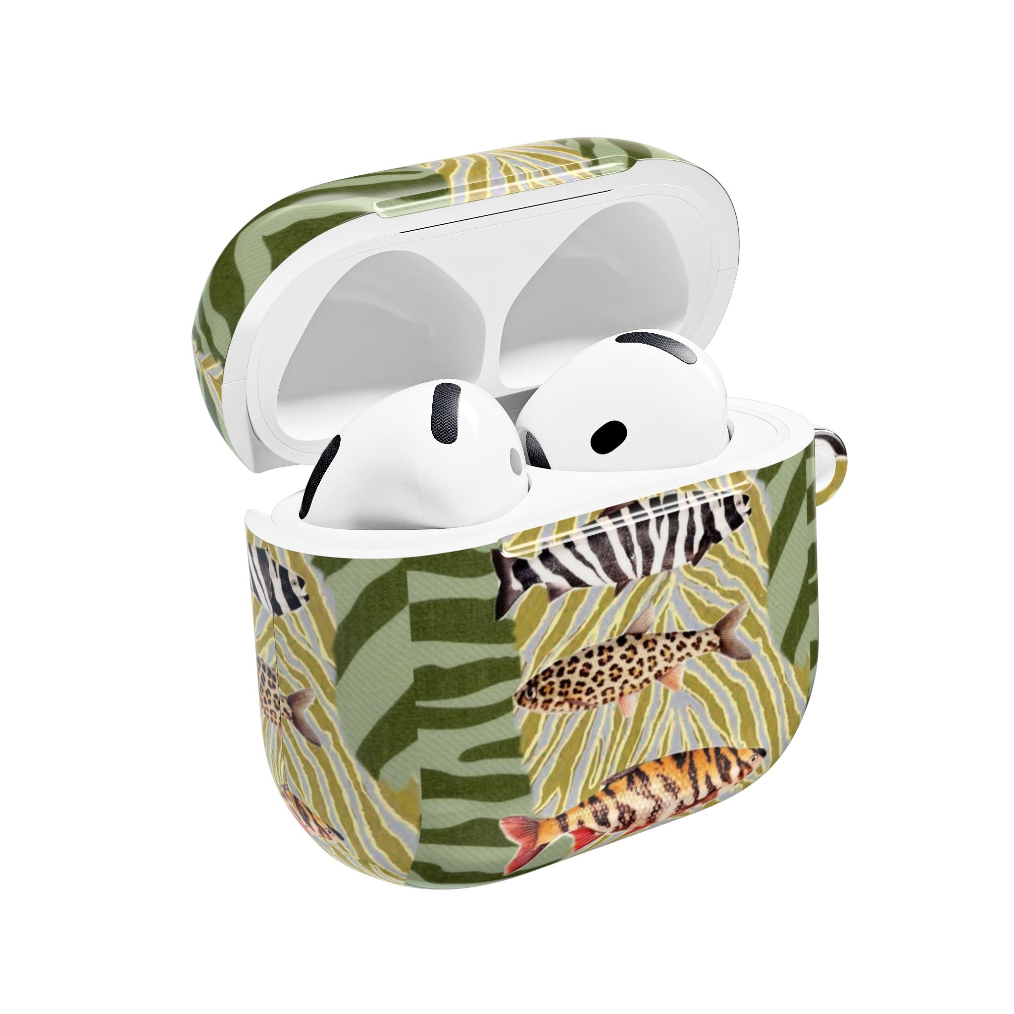 AirPods case with green animal print, white earbuds inside, keychain ring attached