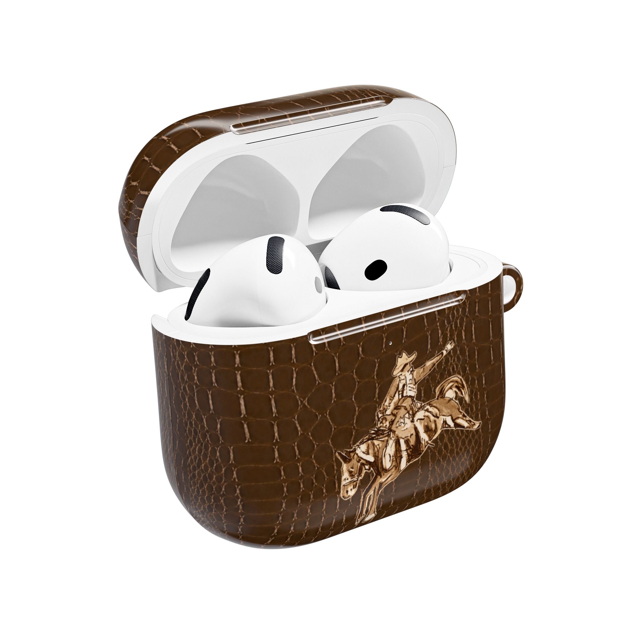 Brown croc-texture AirPod case open with cowboy rider patch and earbud cutouts.