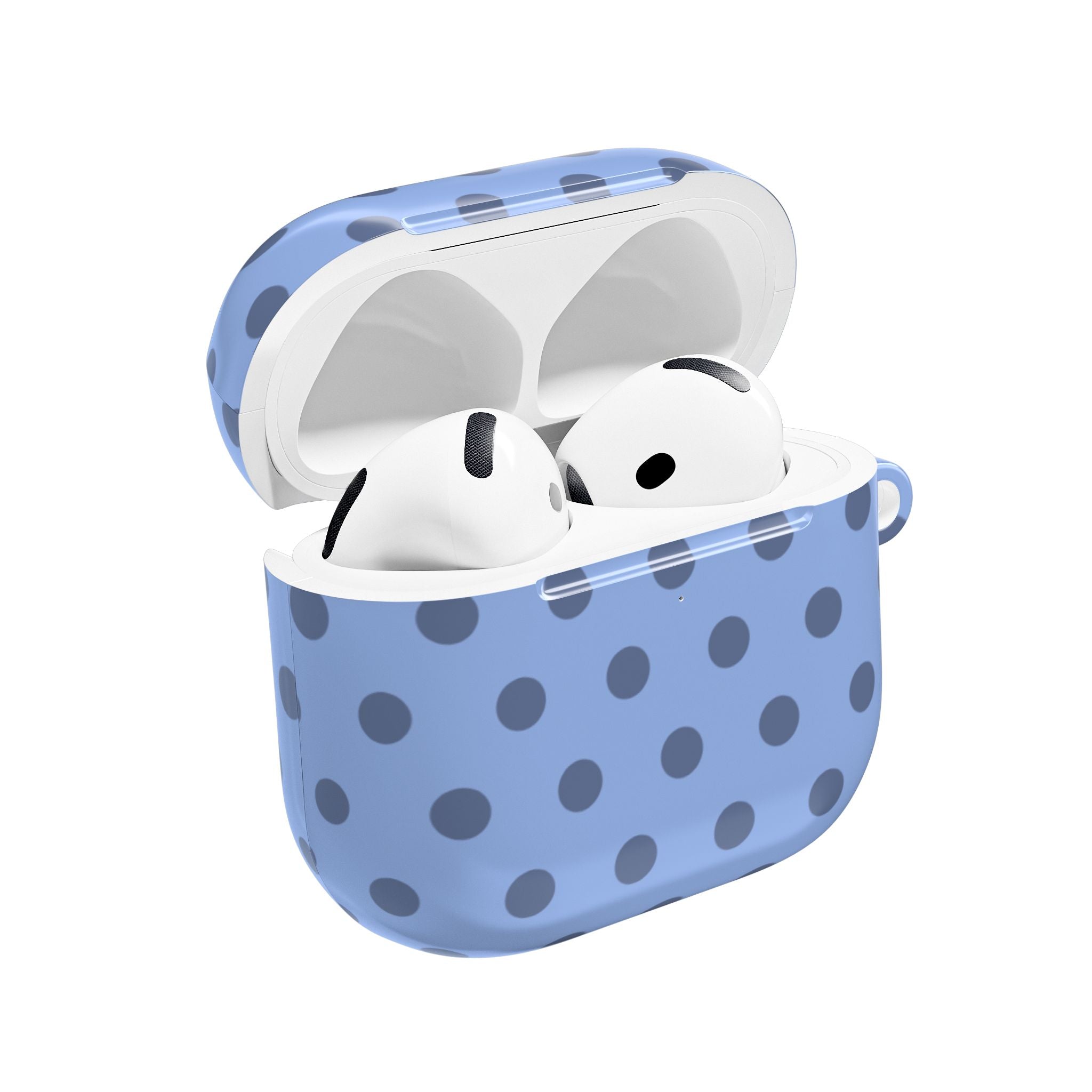 Blue polka dot AirPods case with earbuds inside, open lid and clear cutouts