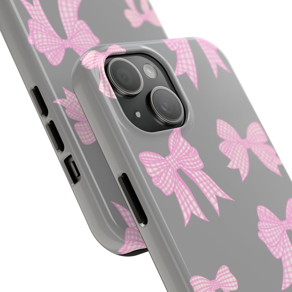 GREY PINK GINGHAM BOWS PHONE CASE