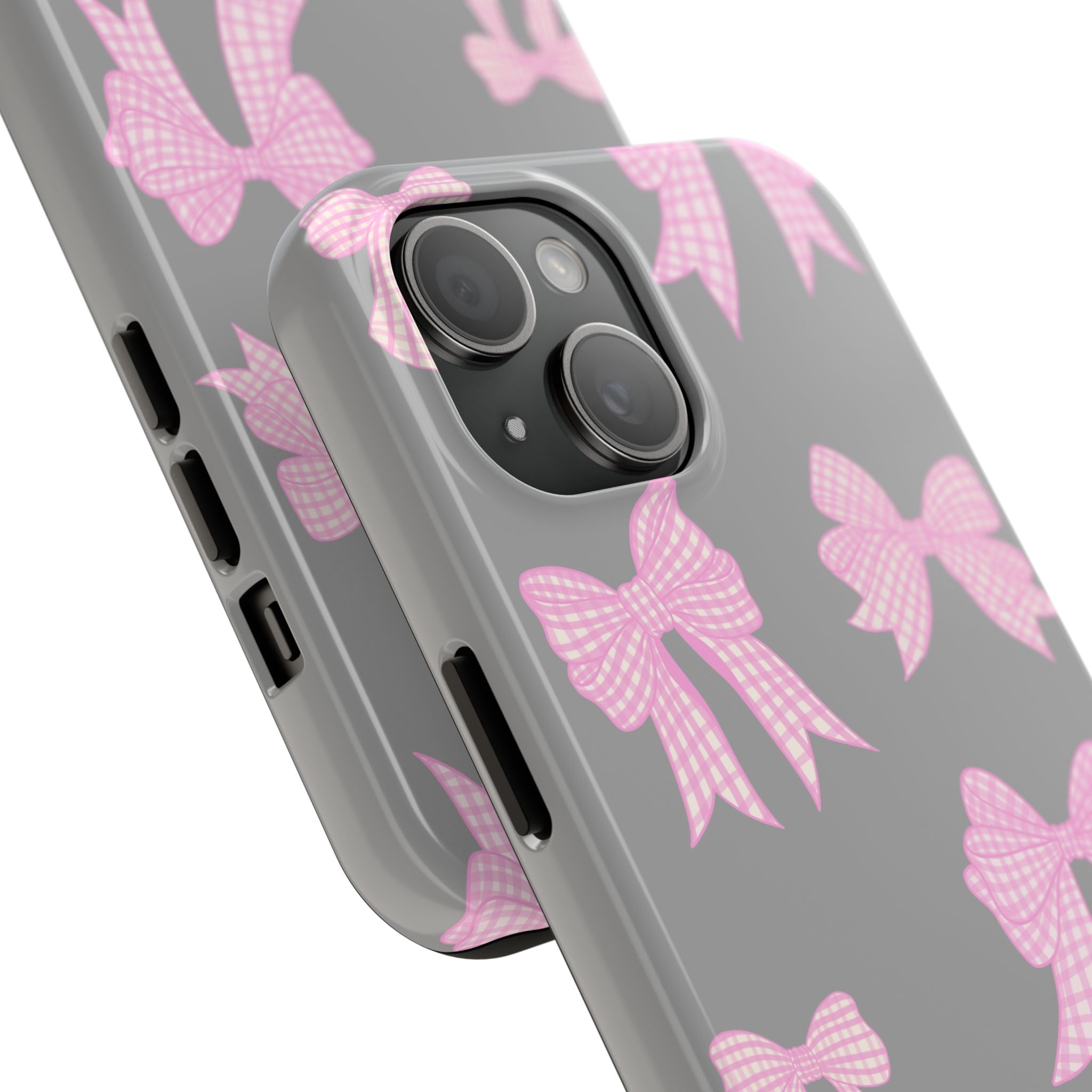 GREY PINK GINGHAM BOWS PHONE CASE