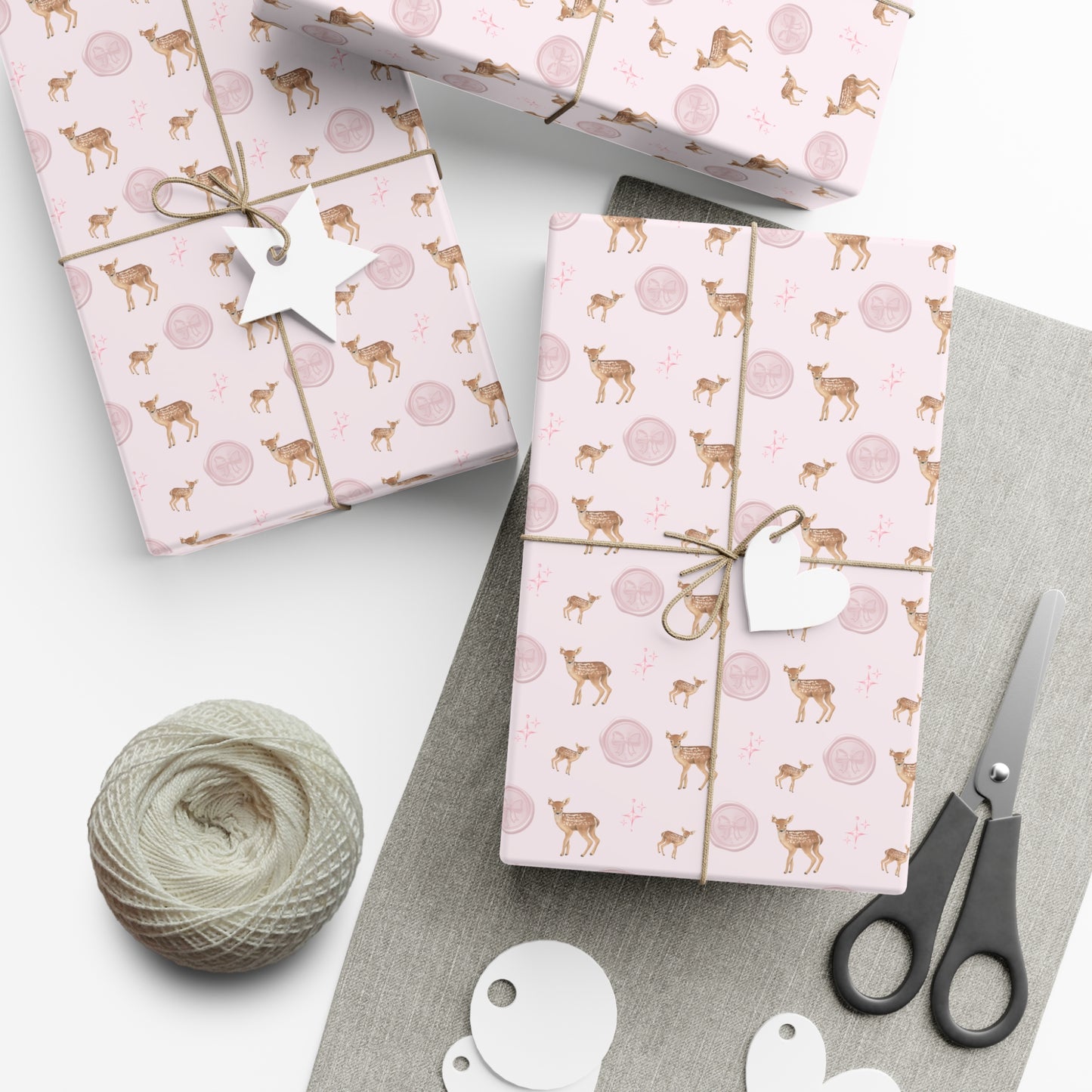 PINK CHRISTMAS DEER BOW WRAPPING PAPER ROLL
