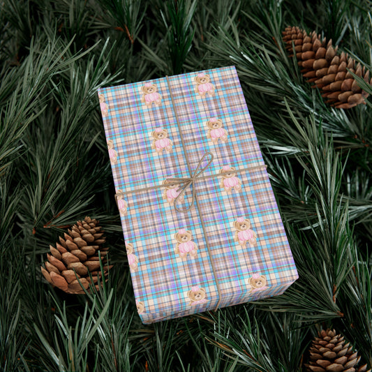BLUE GREEN CHECKERED TEDDY BEAR WRAPPING PAPER ROLL