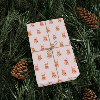 PINK REINDEER TEDDY BEAR WRAPPING PAPER ROLL