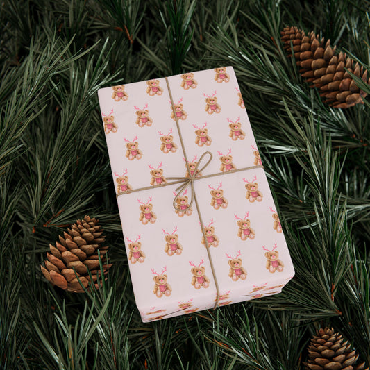 PINK REINDEER TEDDY BEAR WRAPPING PAPER ROLL