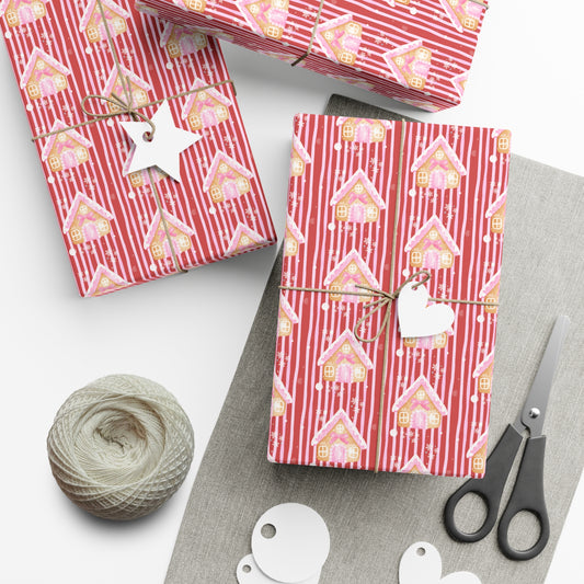 RED & PINK STRIPES GINGERBREAD HOUSE WRAPPING PAPER ROLL