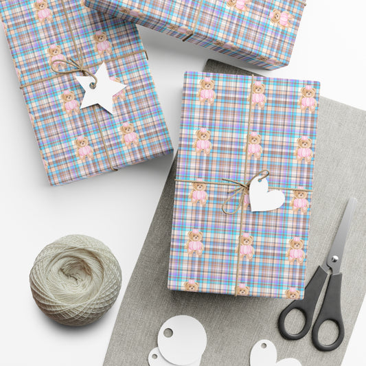 BLUE GREEN CHECKERED TEDDY BEAR WRAPPING PAPER ROLL