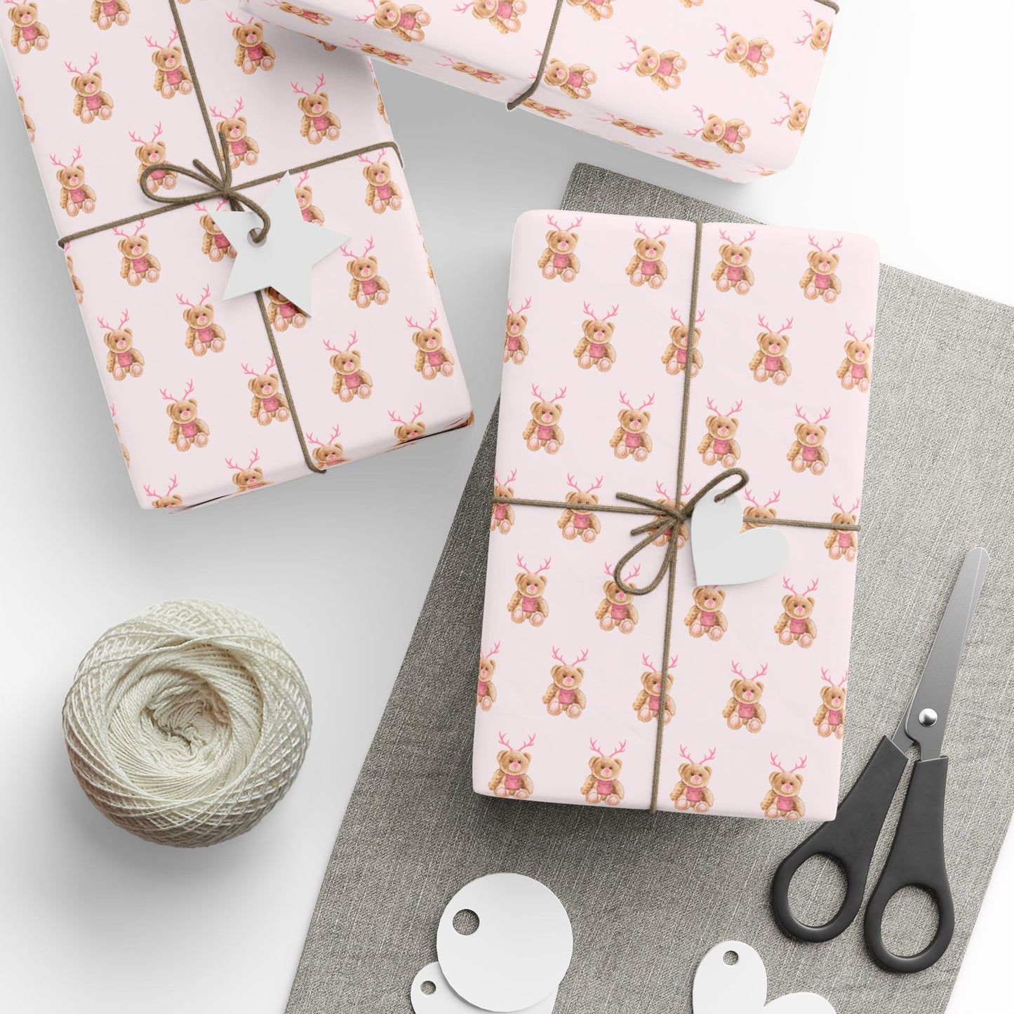 PINK REINDEER TEDDY BEAR WRAPPING PAPER ROLL
