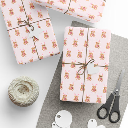 PINK REINDEER TEDDY BEAR WRAPPING PAPER ROLL